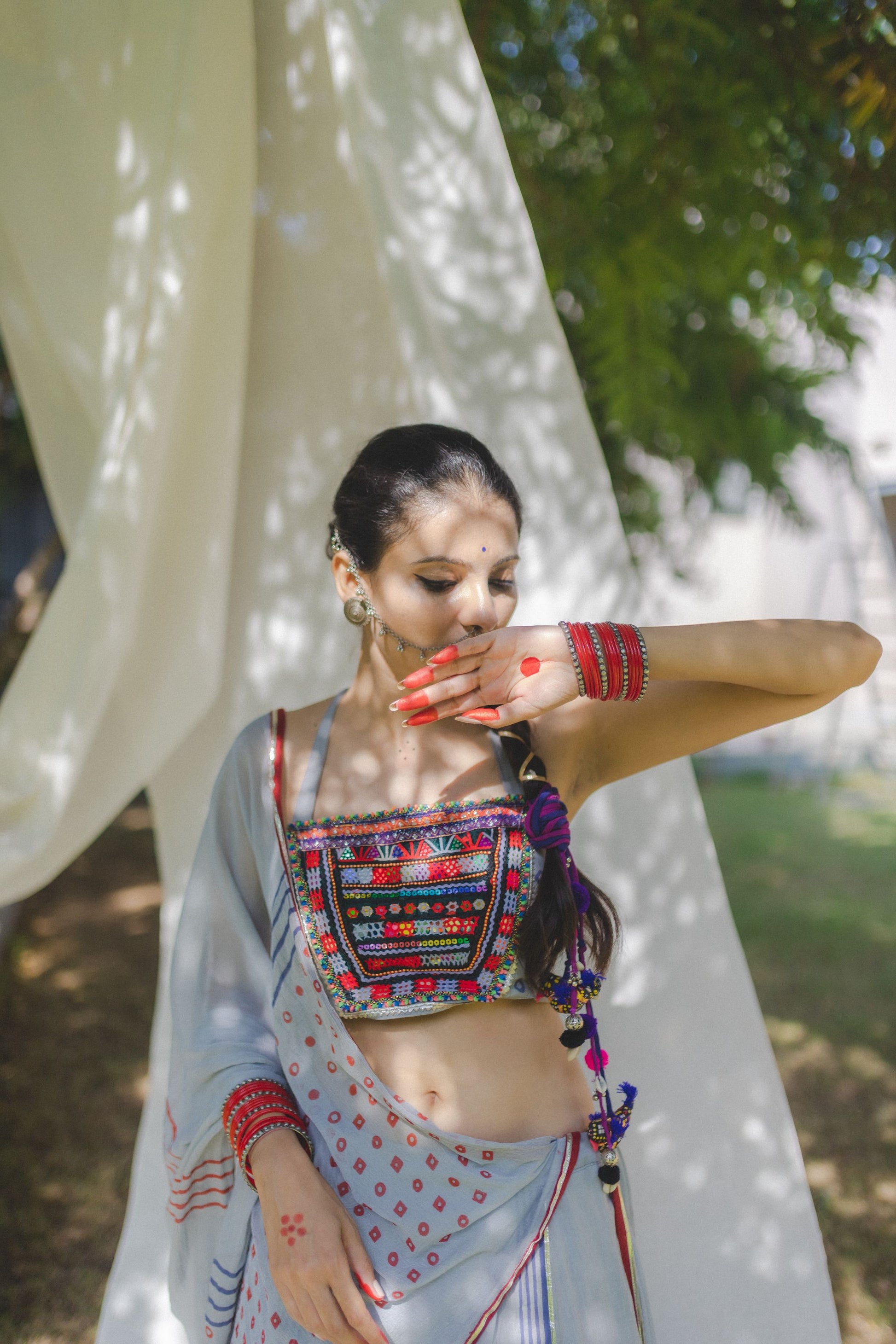 Grey Hand Block Printed Lehenga Set With Kutchhi Gamthi Work - Tijoreebynikita