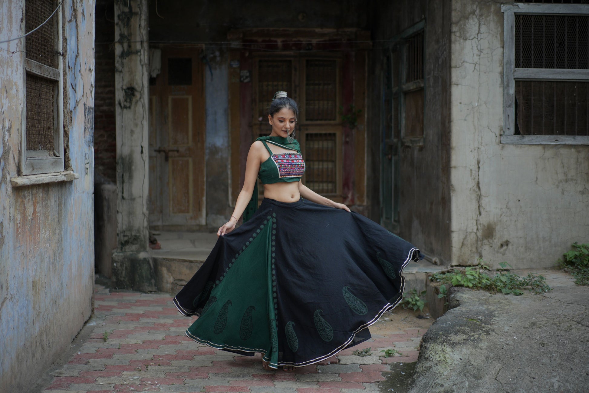 Green & Blue Hand Block Printed Lehenga Set with Kutchhi Gaamthi Work - Tijoreebynikita