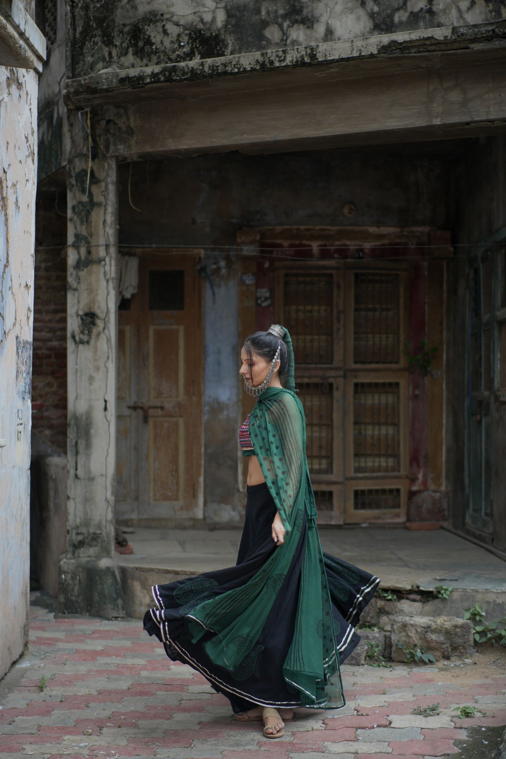 Green & Blue Hand Block Printed Lehenga Set with Kutchhi Gaamthi Work - Tijoreebynikita