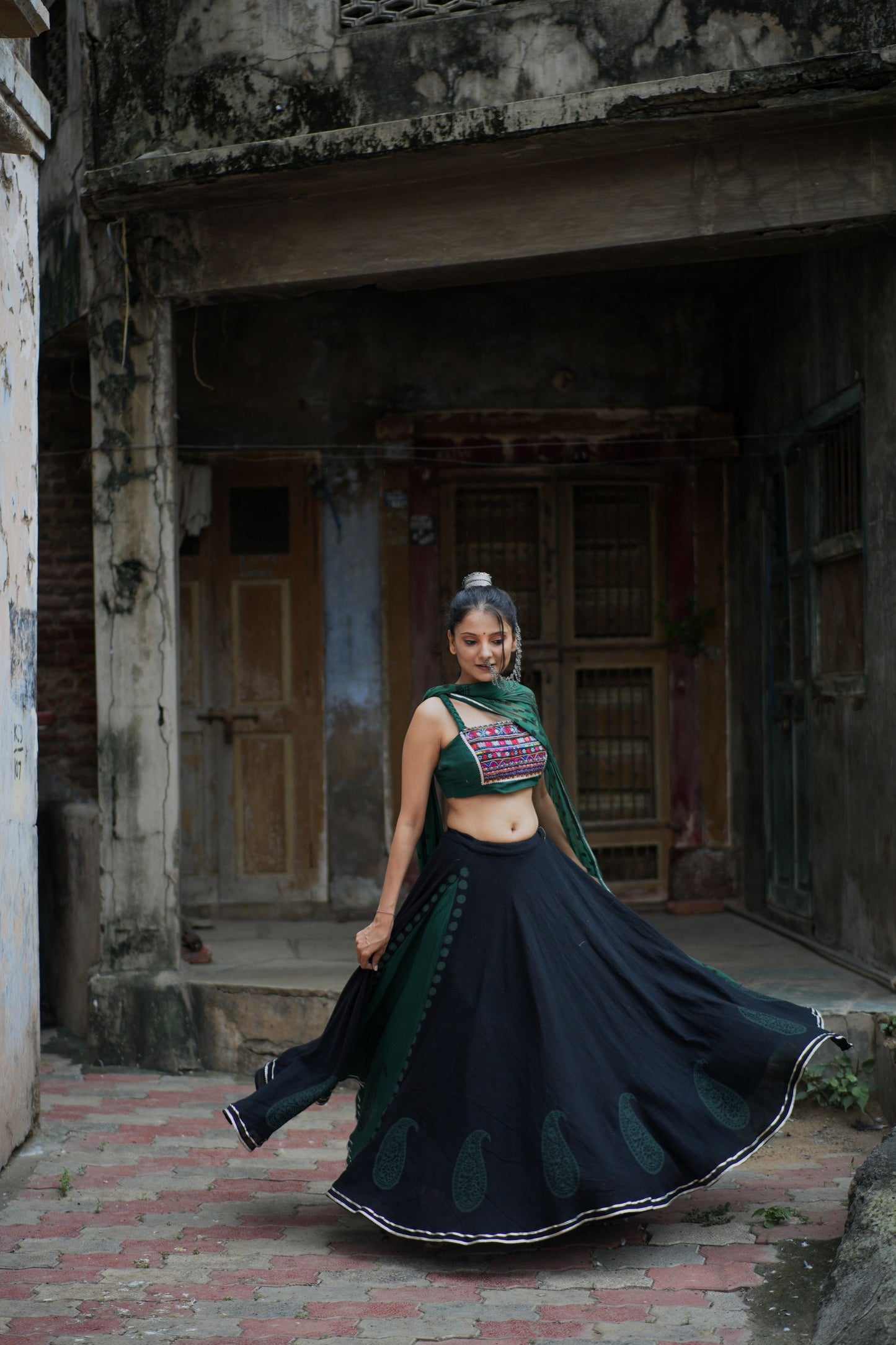 Green & Blue Hand Block Printed Lehenga Set with Kutchhi Gaamthi Work - Tijoreebynikita