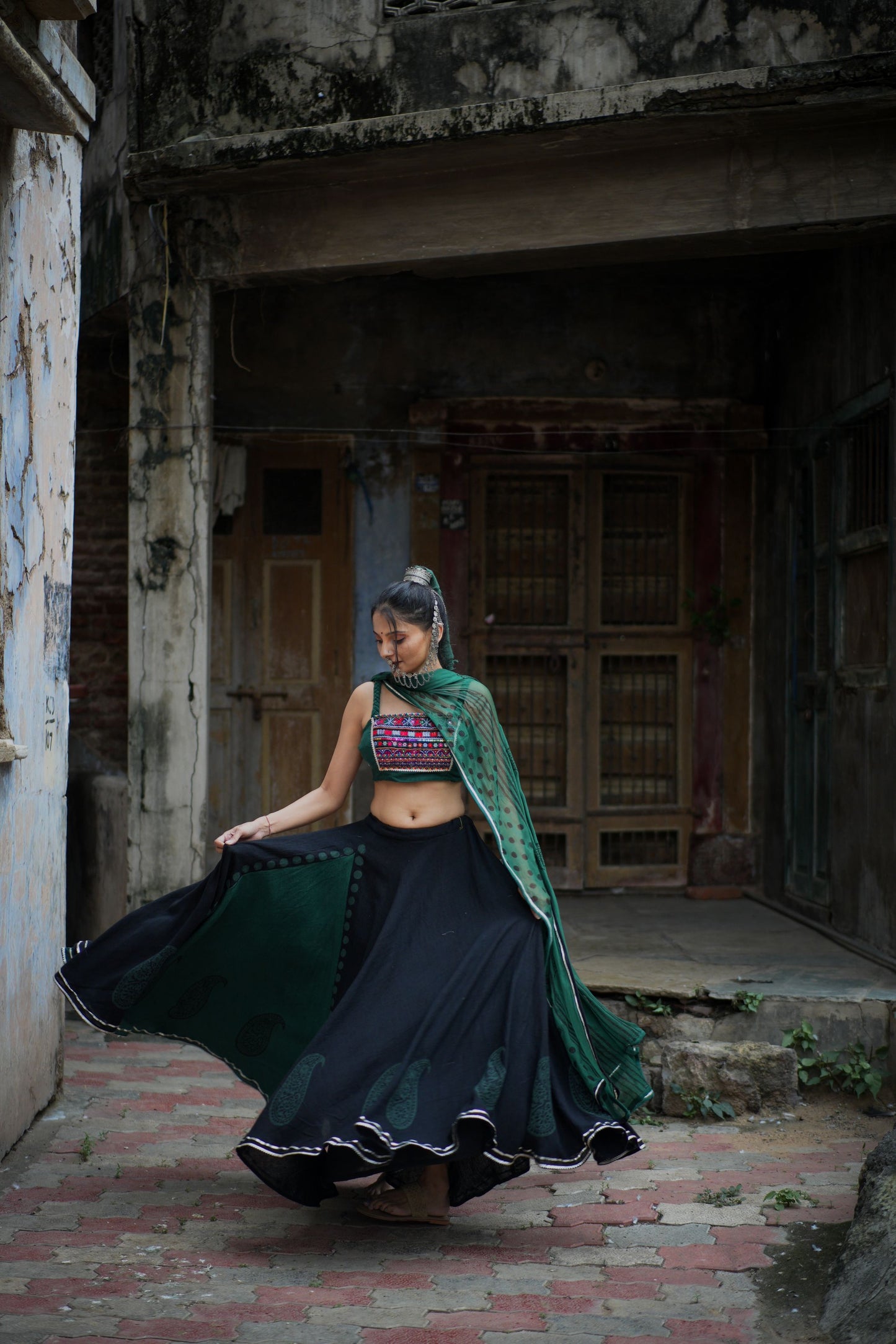 Green & Blue Hand Block Printed Lehenga Set with Kutchhi Gaamthi Work - Tijoreebynikita