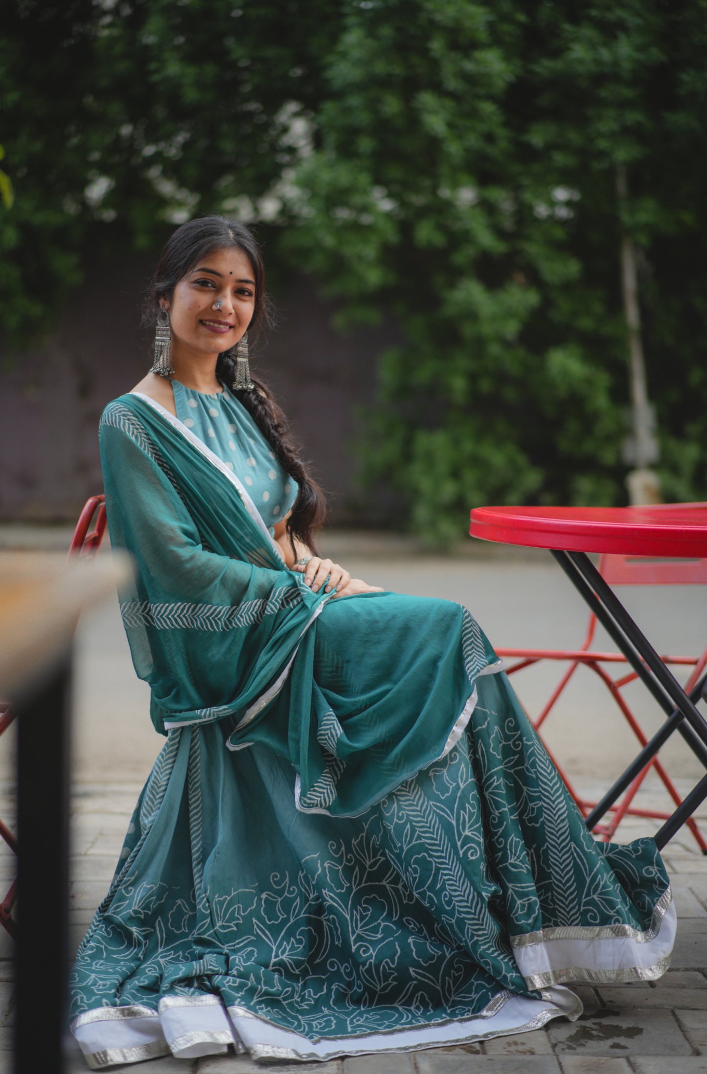 Macaw Blue Green Hand Block Printed Lehenga Set