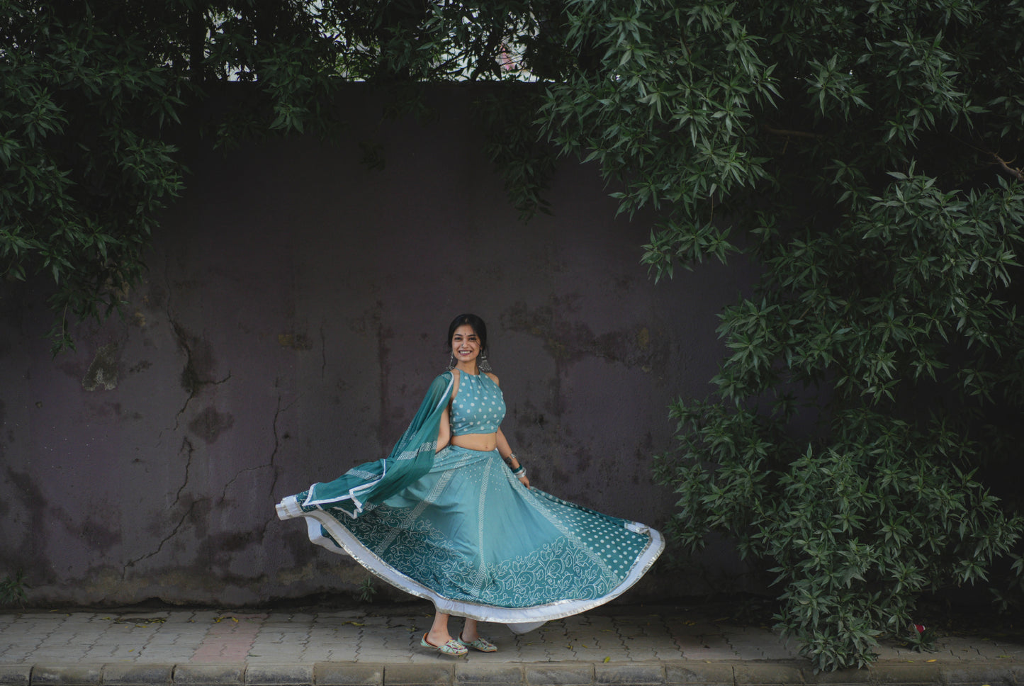 Macaw Blue Green Hand Block Printed Lehenga Set