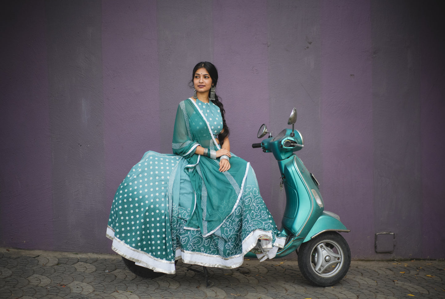 Macaw Blue Green Hand Block Printed Lehenga Set