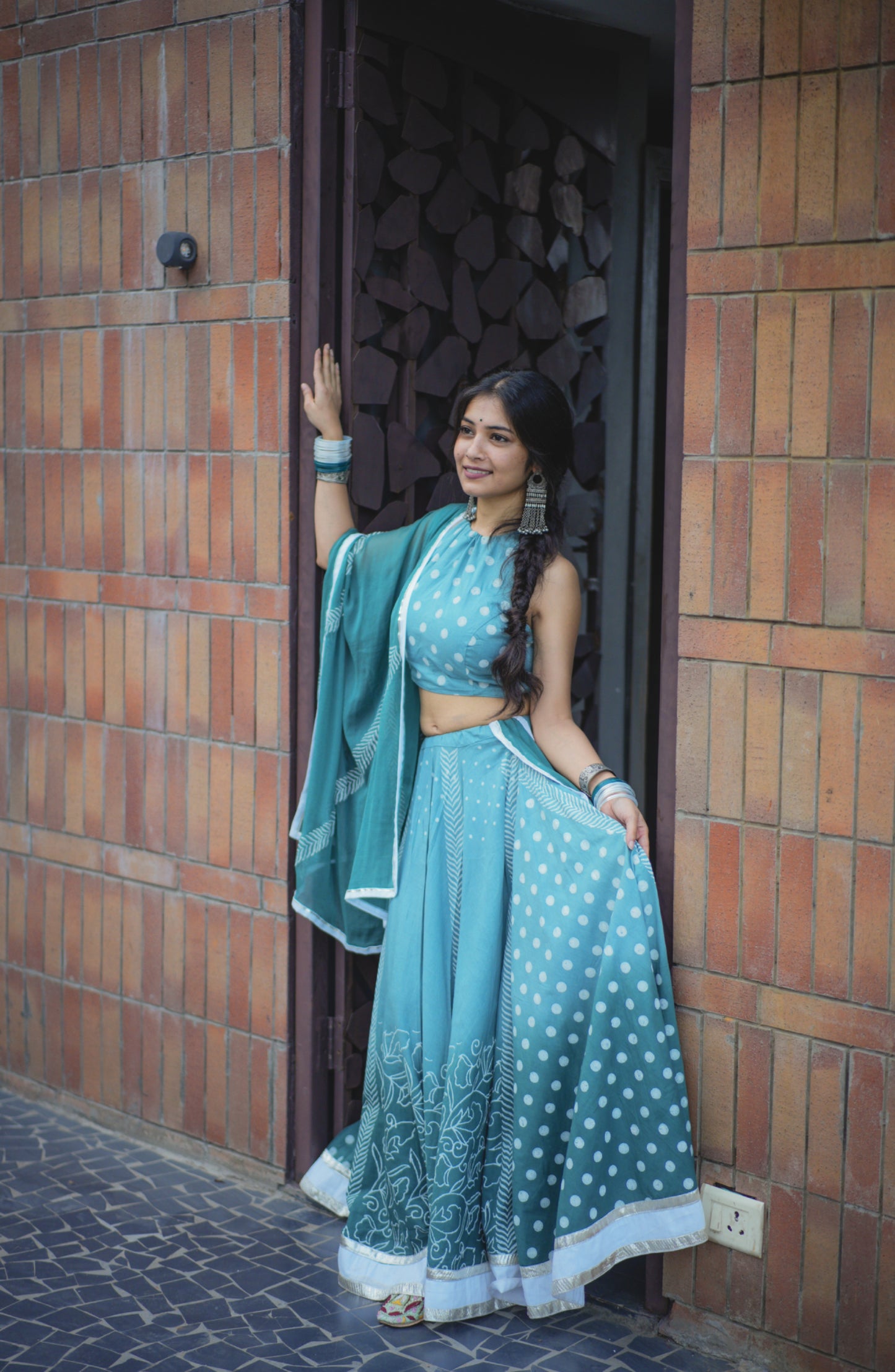 Macaw Blue Green Hand Block Printed Lehenga Set