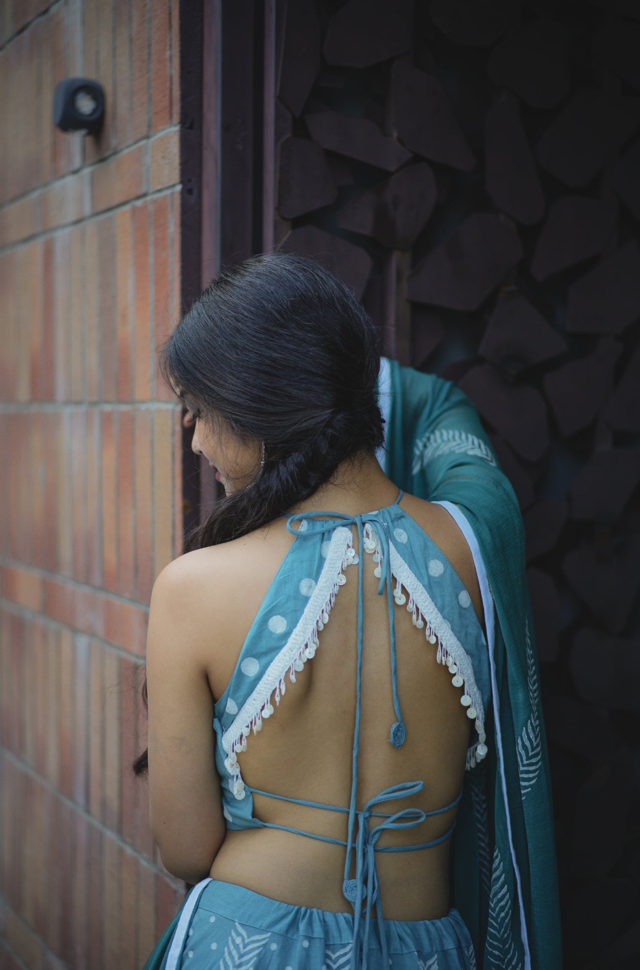 Macaw Blue Green Hand Block Printed Lehenga Set