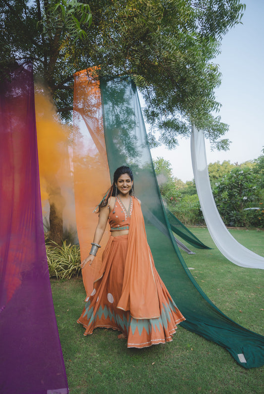 Rust Orange Hand Block Printed Lehenga Set - Tijoreebynikita