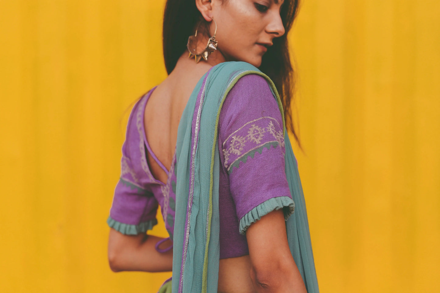 Purple Lilac & Parrot Green Hand Block Printed Lehenga Set - Tijoreebynikita