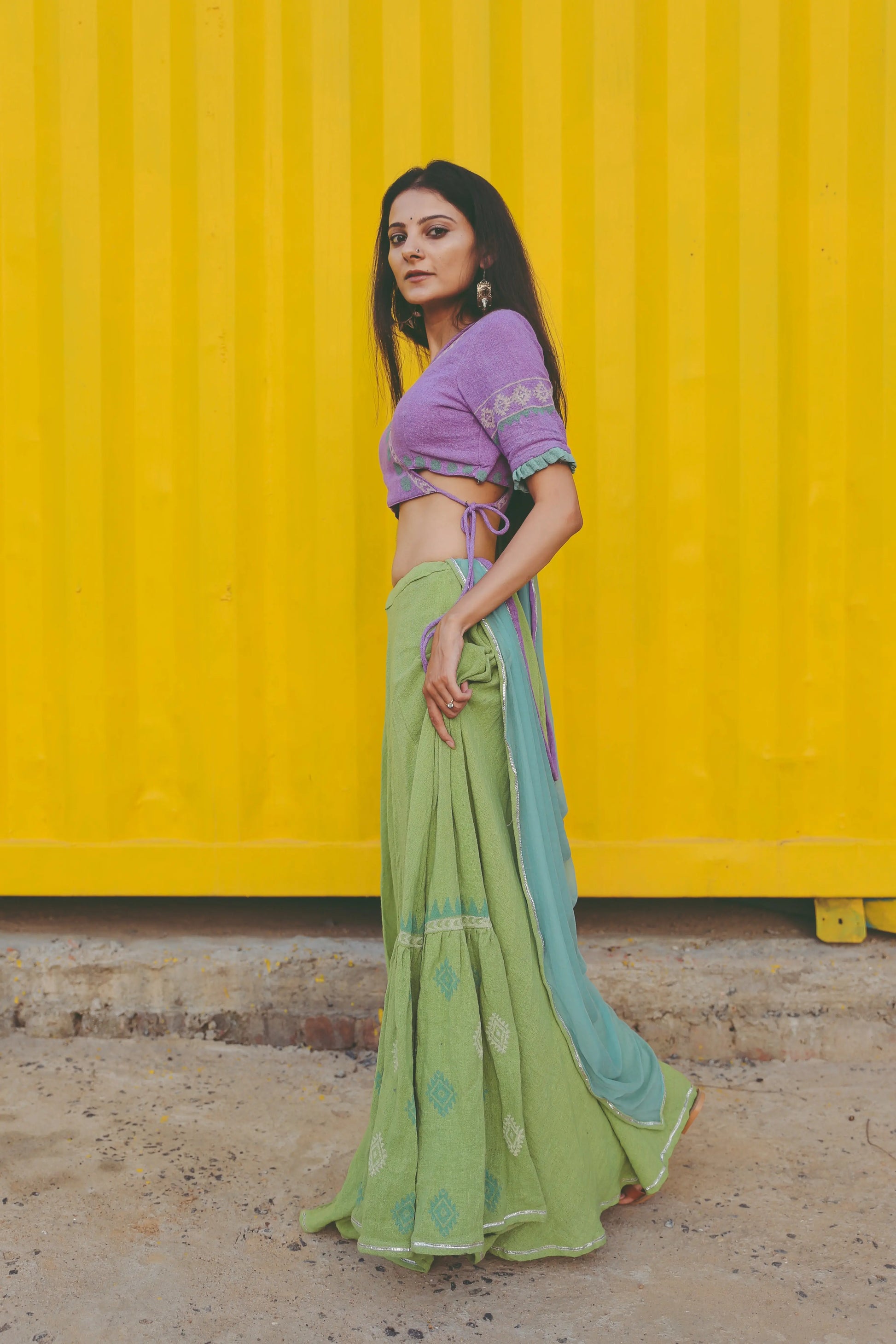 Purple Lilac & Parrot Green Hand Block Printed Lehenga Set - Tijoreebynikita