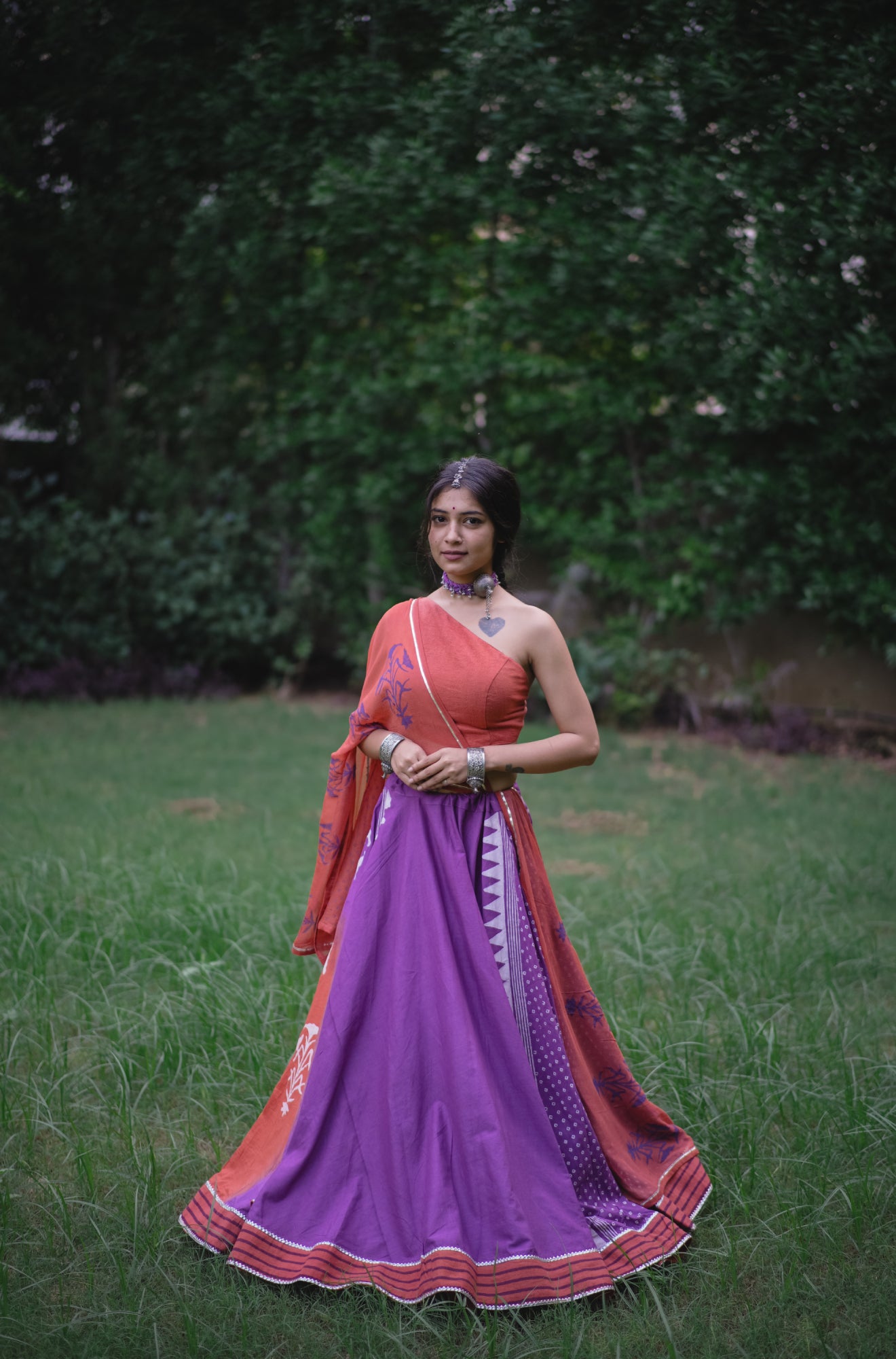 Rust & Lavender Hand Block Printed Lehenga Set with Off-Shoulder Top