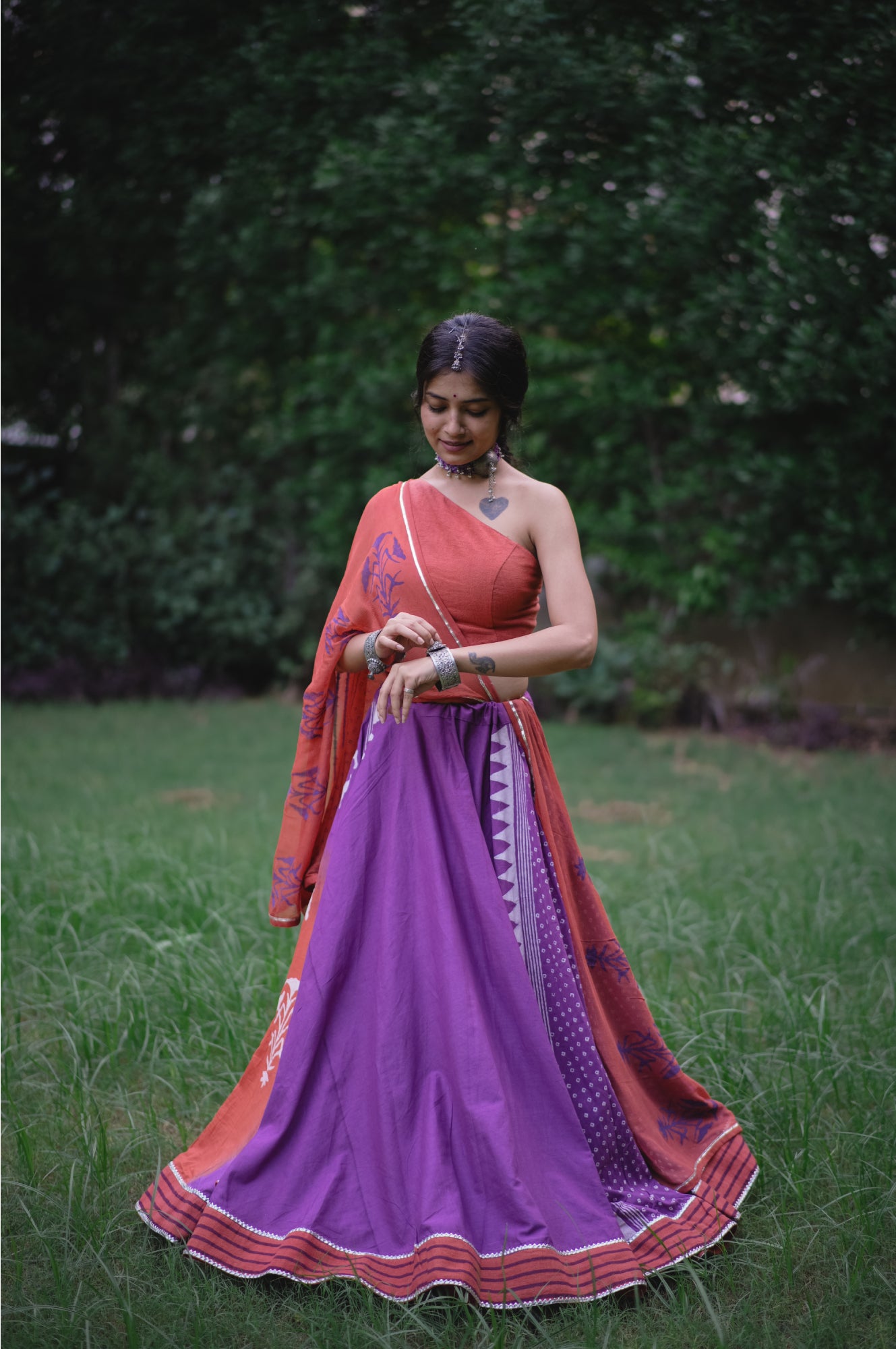 Rust & Lavender Hand Block Printed Lehenga Set with Off-Shoulder Top