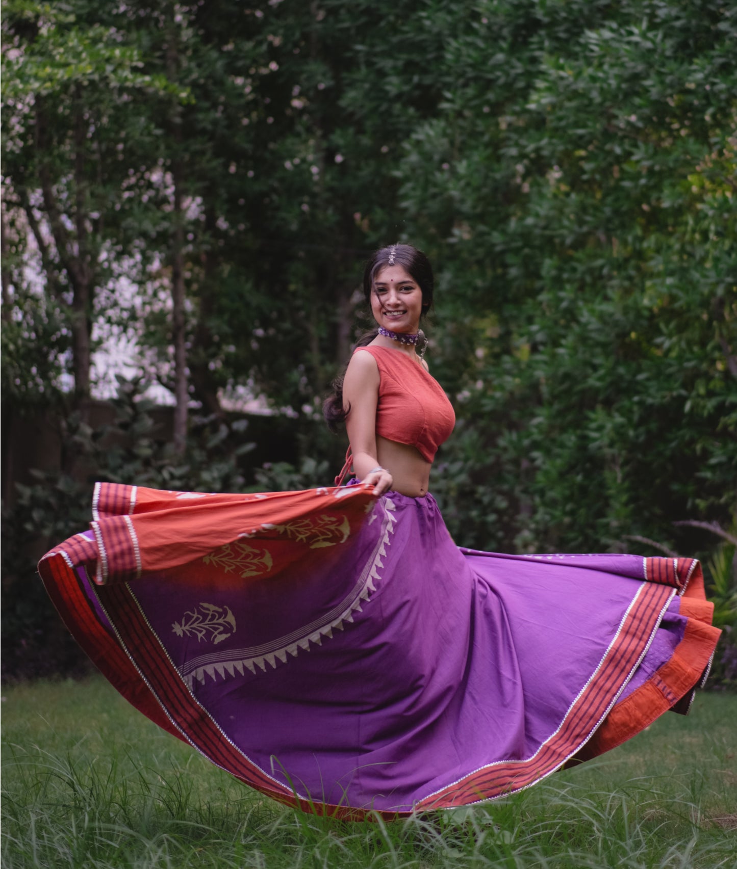 Rust & Lavender Hand Block Printed Lehenga Set with Off-Shoulder Top