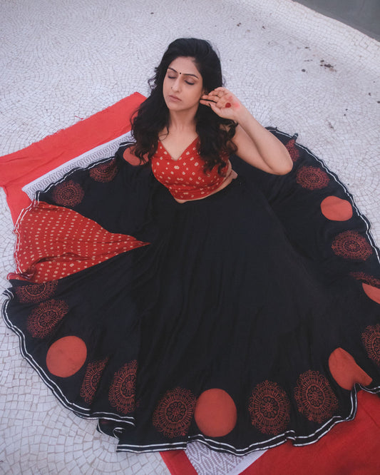 Vintage Red & Black Hand Block Printed Silk Lehenga Set - Tijoreebynikita