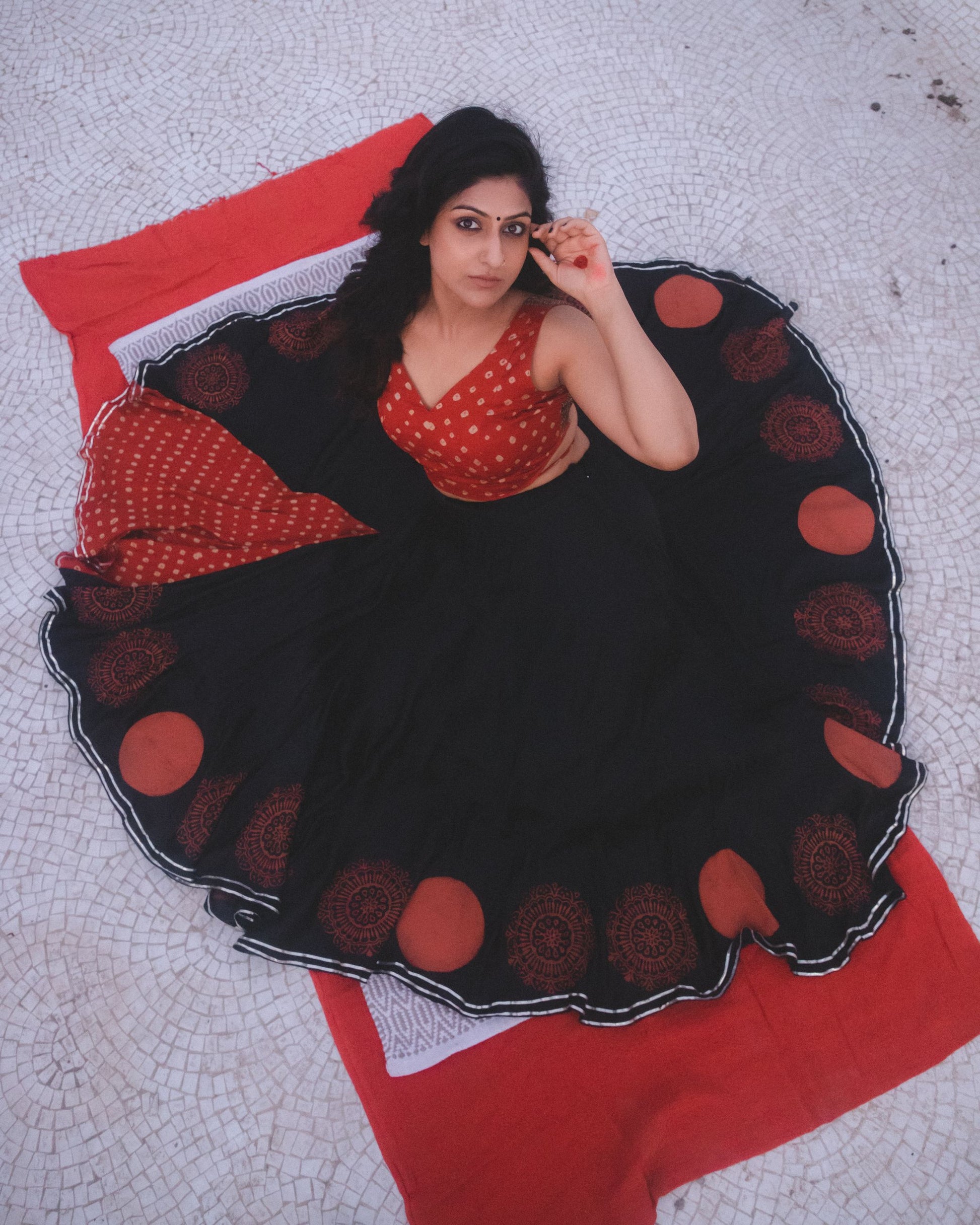 Vintage Red & Black Hand Block Printed Silk Lehenga Set - Tijoreebynikita