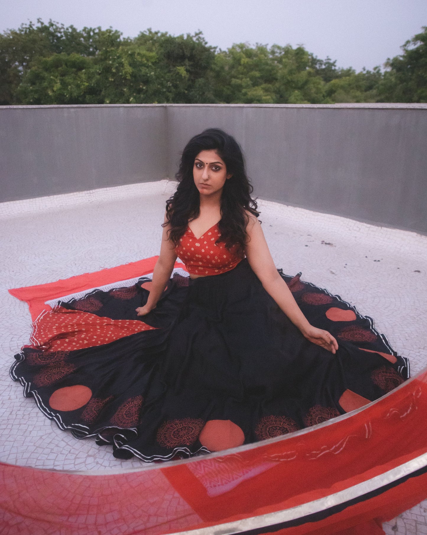 Vintage Red & Black Hand Block Printed Silk Lehenga Set - Tijoreebynikita