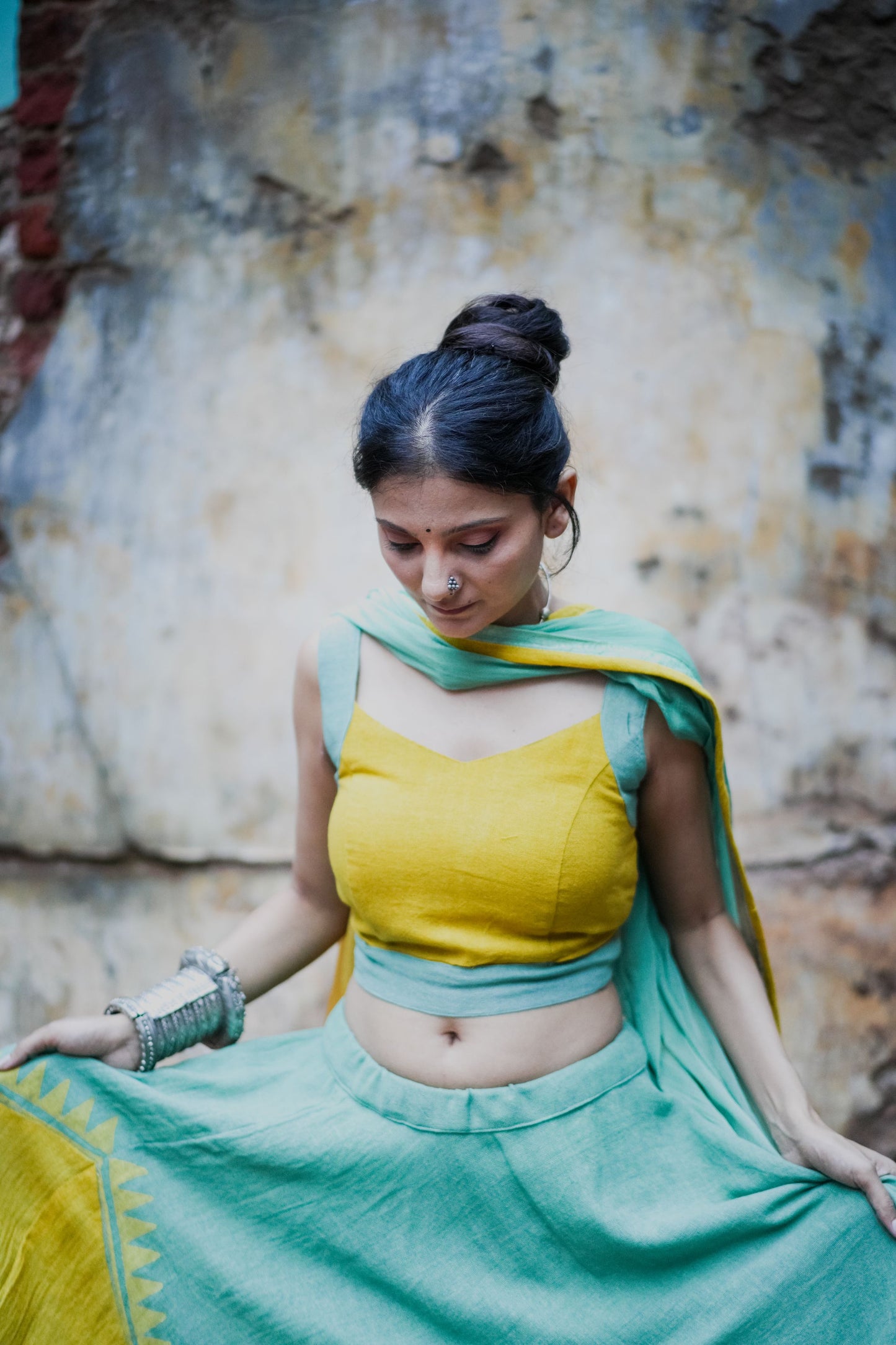 Pale Yellow & Sea Green Hand Block Printed Lehenga Set - Tijoreebynikita