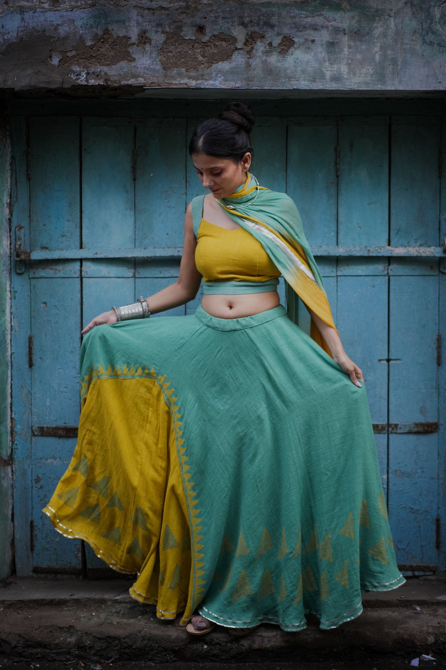 Pale Yellow & Sea Green Hand Block Printed Lehenga Set - Tijoreebynikita