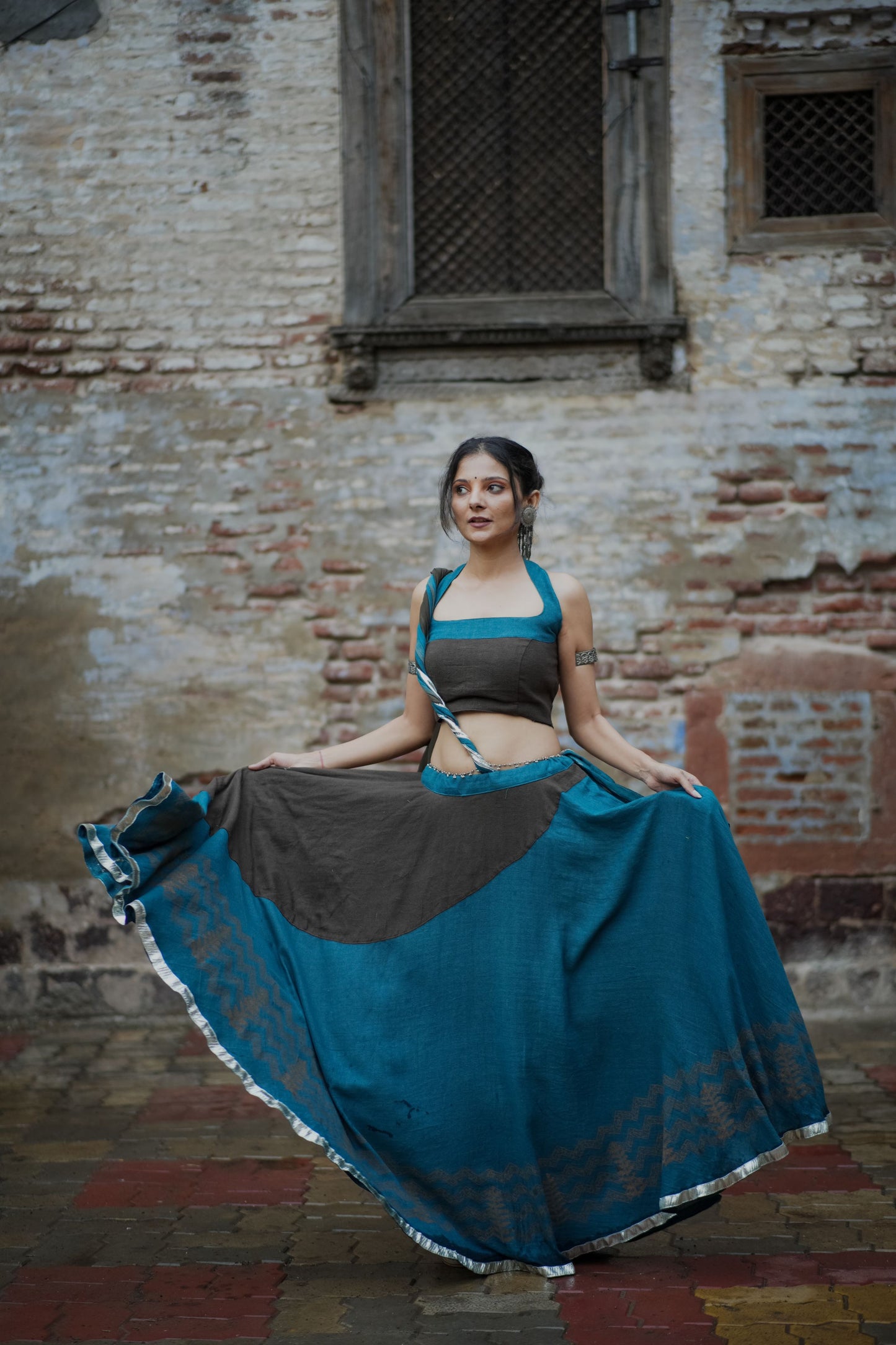 Sherpa Blue & Dark Brown Hand Block Printed Lehenga Set With Shaded Dupatta - Tijoreebynikita