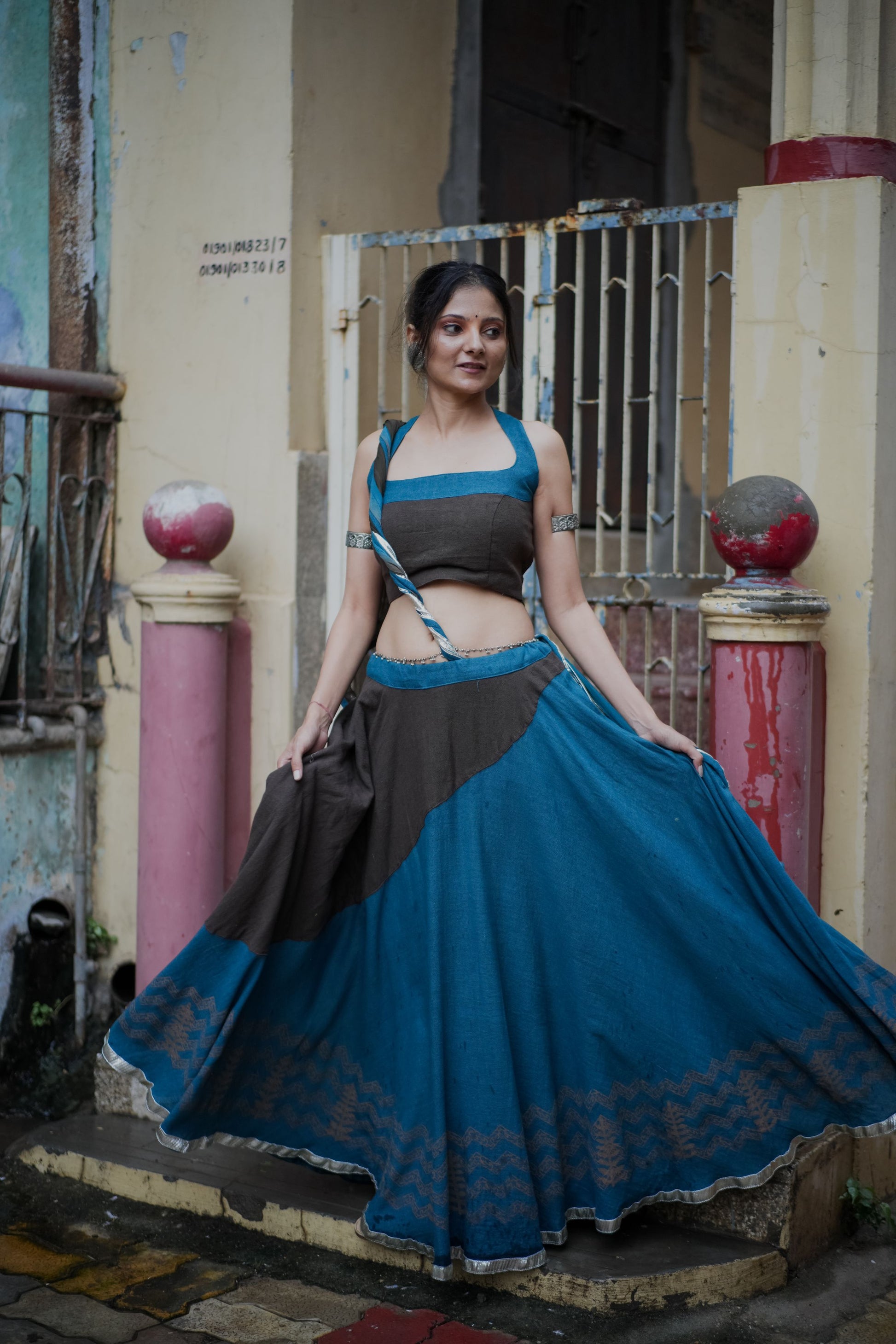 Sherpa Blue & Dark Brown Hand Block Printed Lehenga Set With Shaded Dupatta - Tijoreebynikita