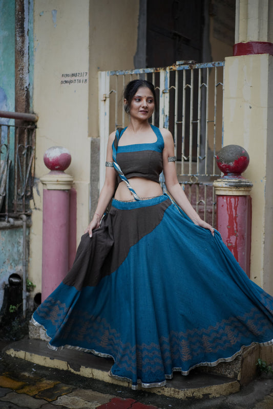 Sherpa Blue & Dark Brown Hand Block Printed Lehenga Set With Shaded Dupatta - Tijoreebynikita