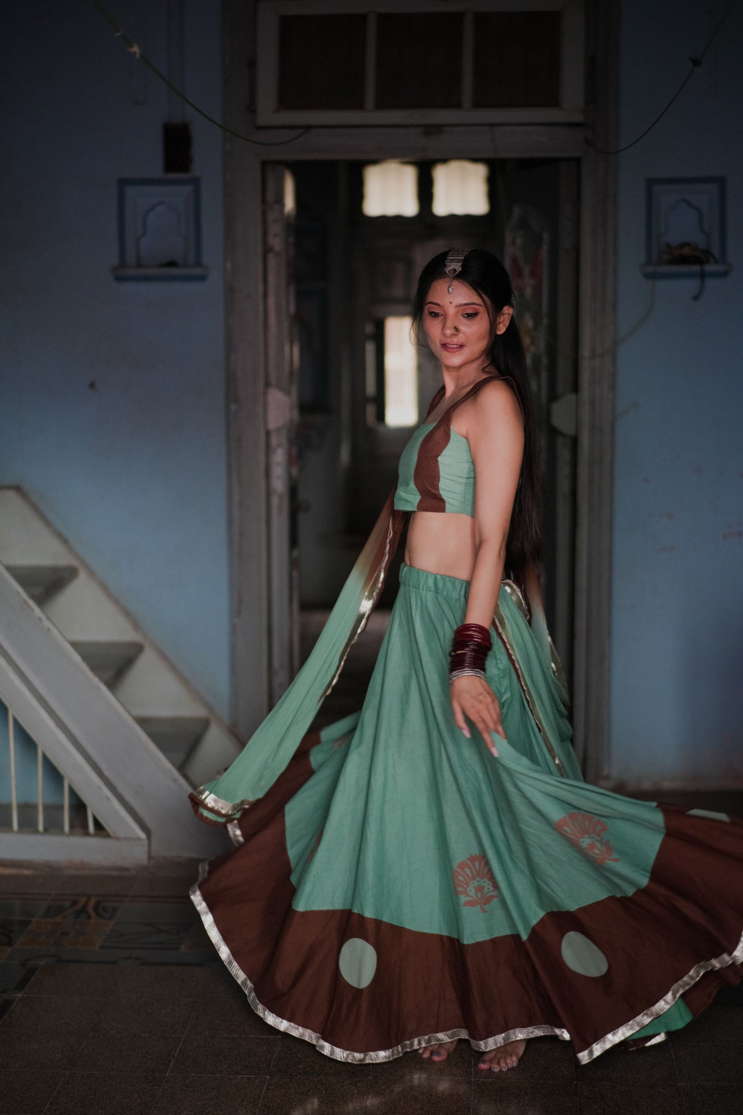 Sea Green & Brown Hand Block Printed Lehenga Set - Tijoreebynikita