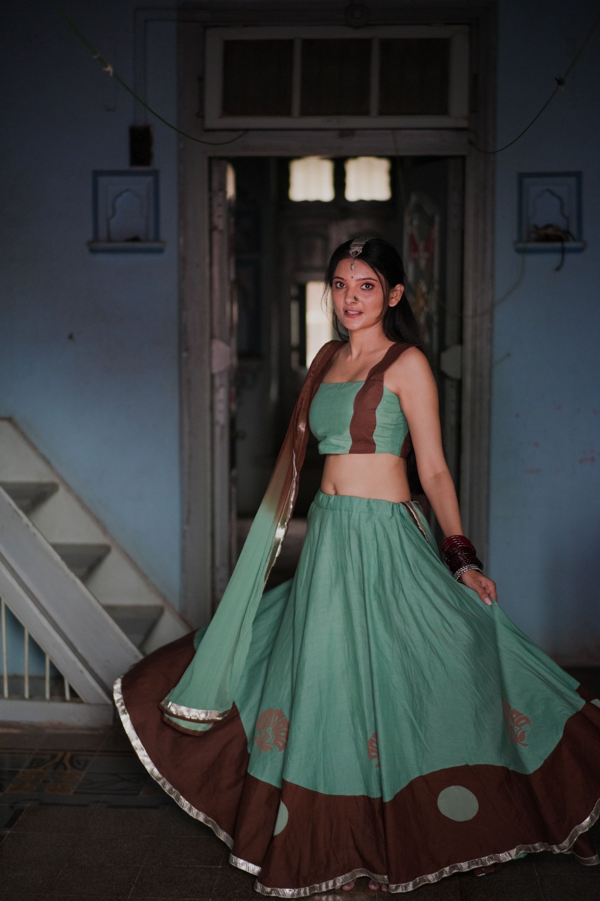 Sea Green & Brown Hand Block Printed Lehenga Set - Tijoreebynikita