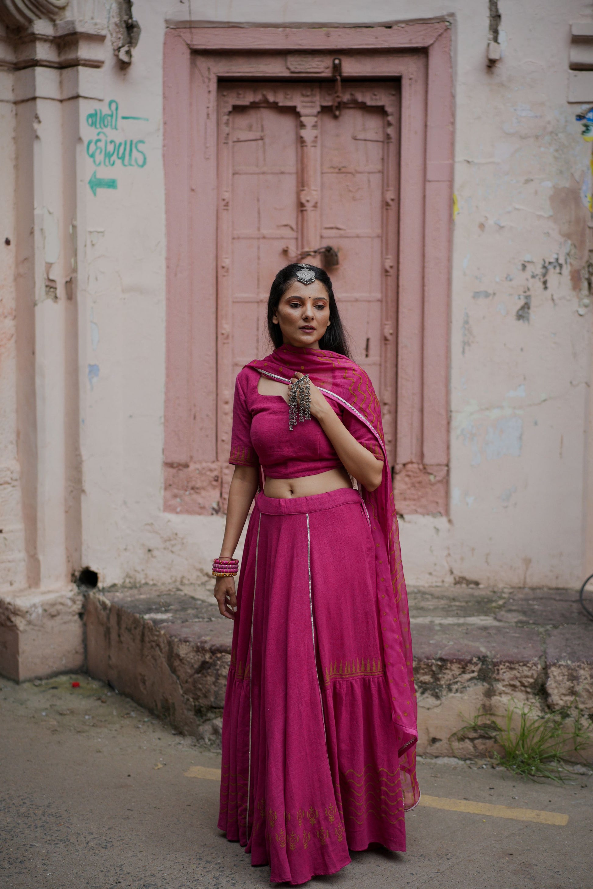 Rani Pink Hand Block Printed Lehenga Set - Tijoreebynikita