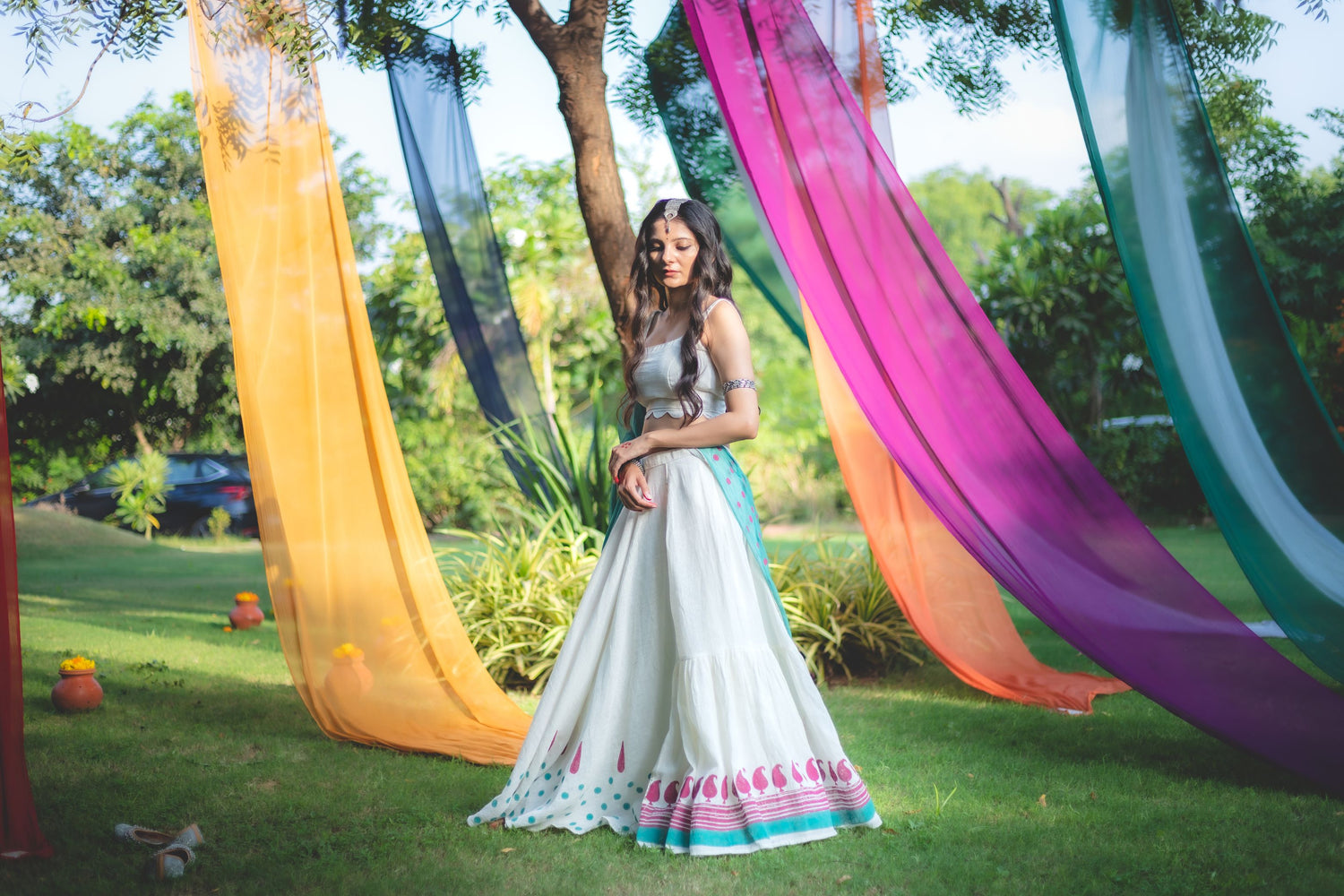 Off White & Sea Green Hand Block Printed Lehenga Set - Tijoreebynikita