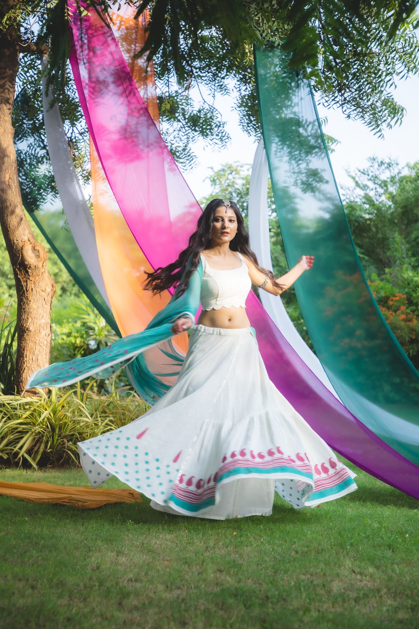 Off White & Sea Green Hand Block Printed Lehenga Set - Tijoreebynikita