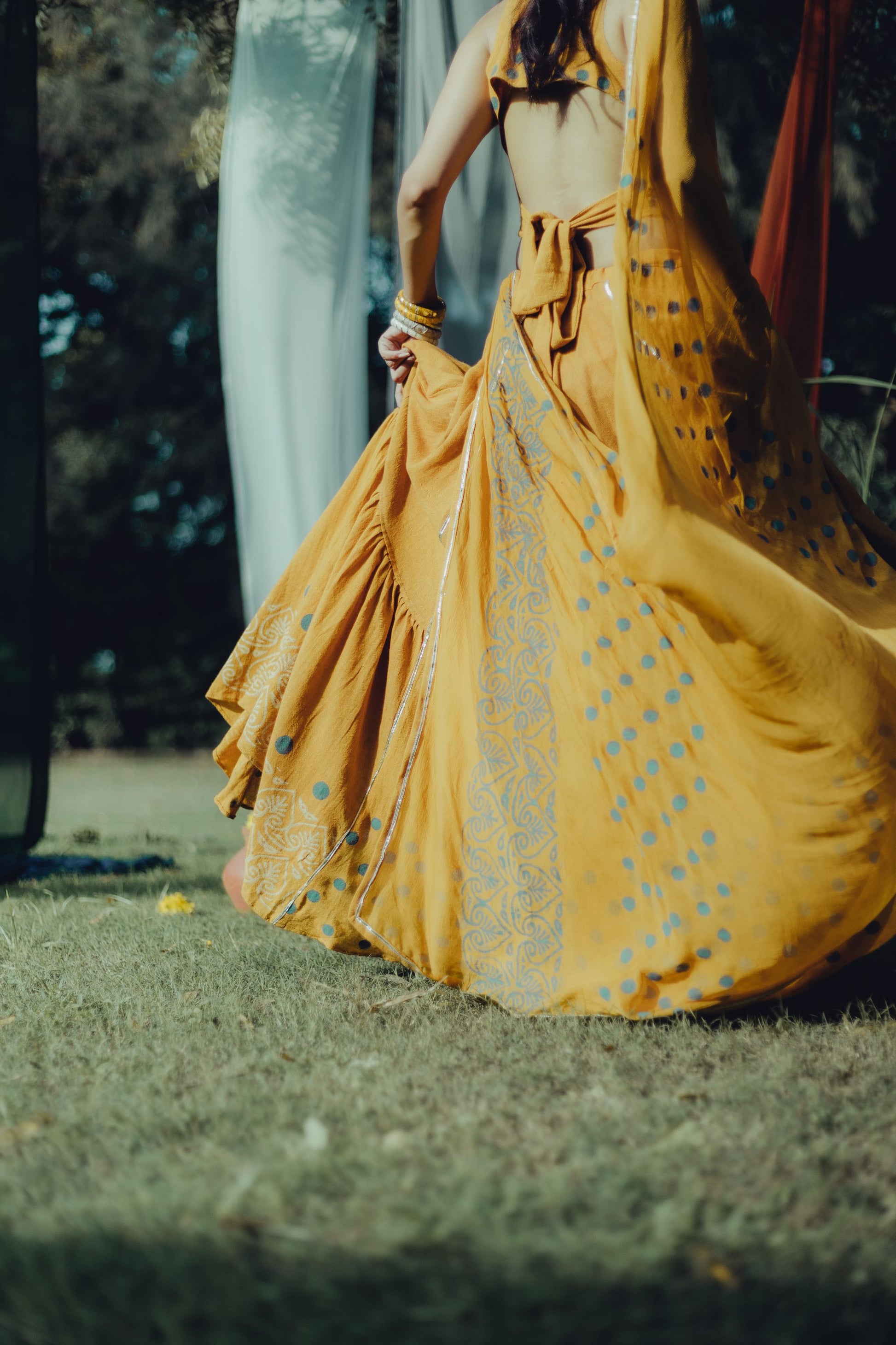 Mustard Yellow Hand Block Printed Lehenga Set - Tijoreebynikita