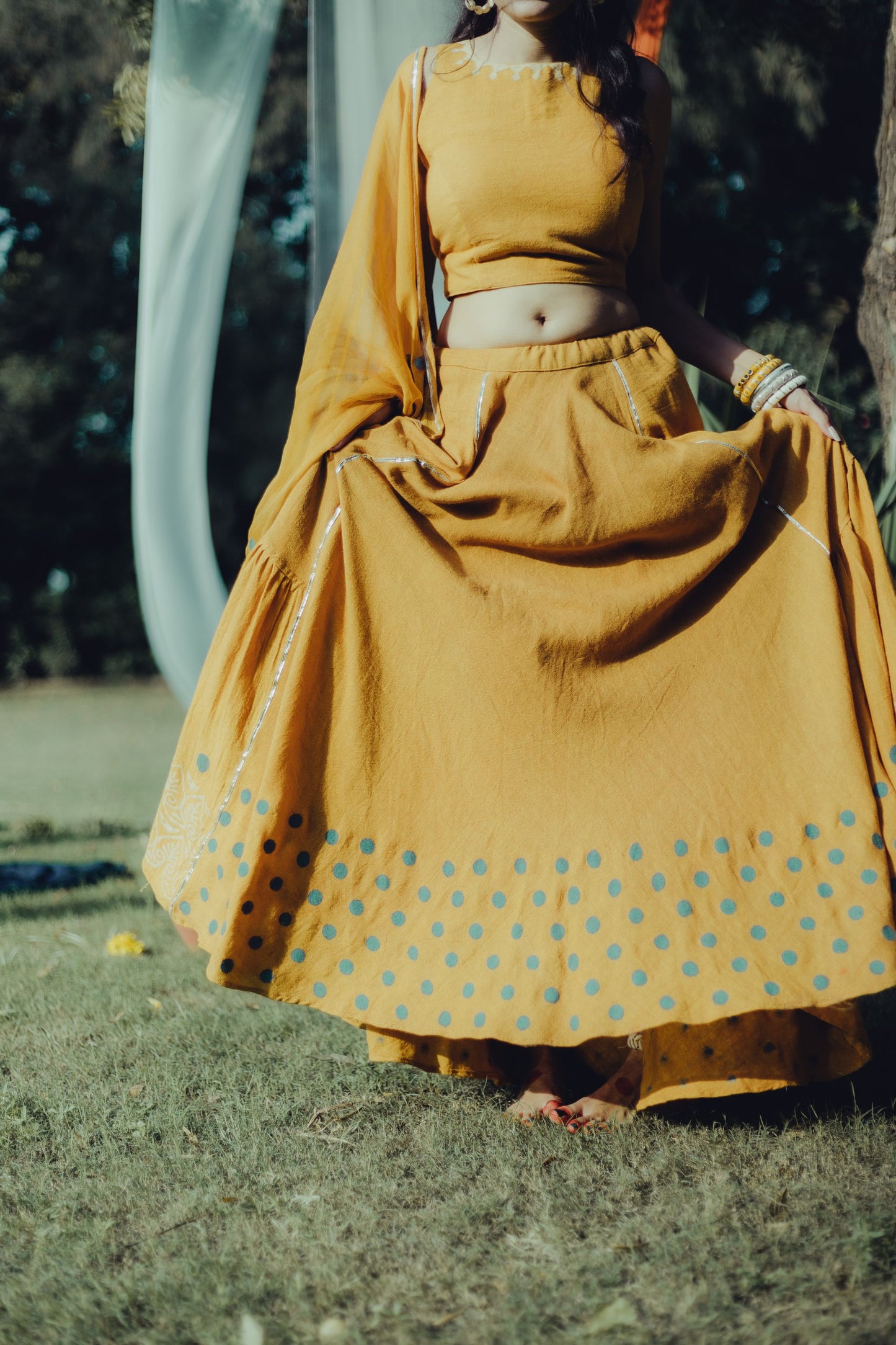 Mustard Yellow Hand Block Printed Lehenga Set - Tijoreebynikita