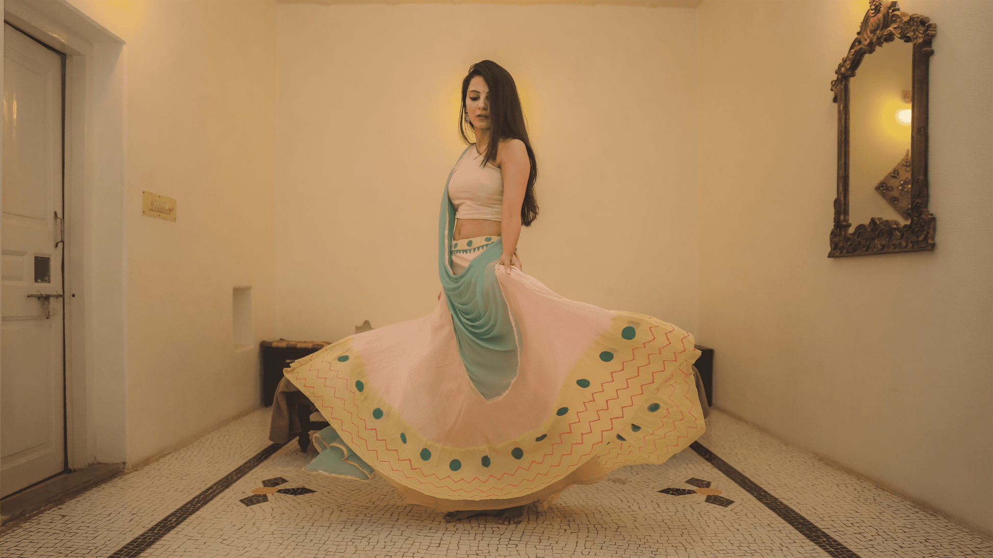 Pink Powder & Pastel Teal Hand Block Printed Lehenga Set - Tijoreebynikita