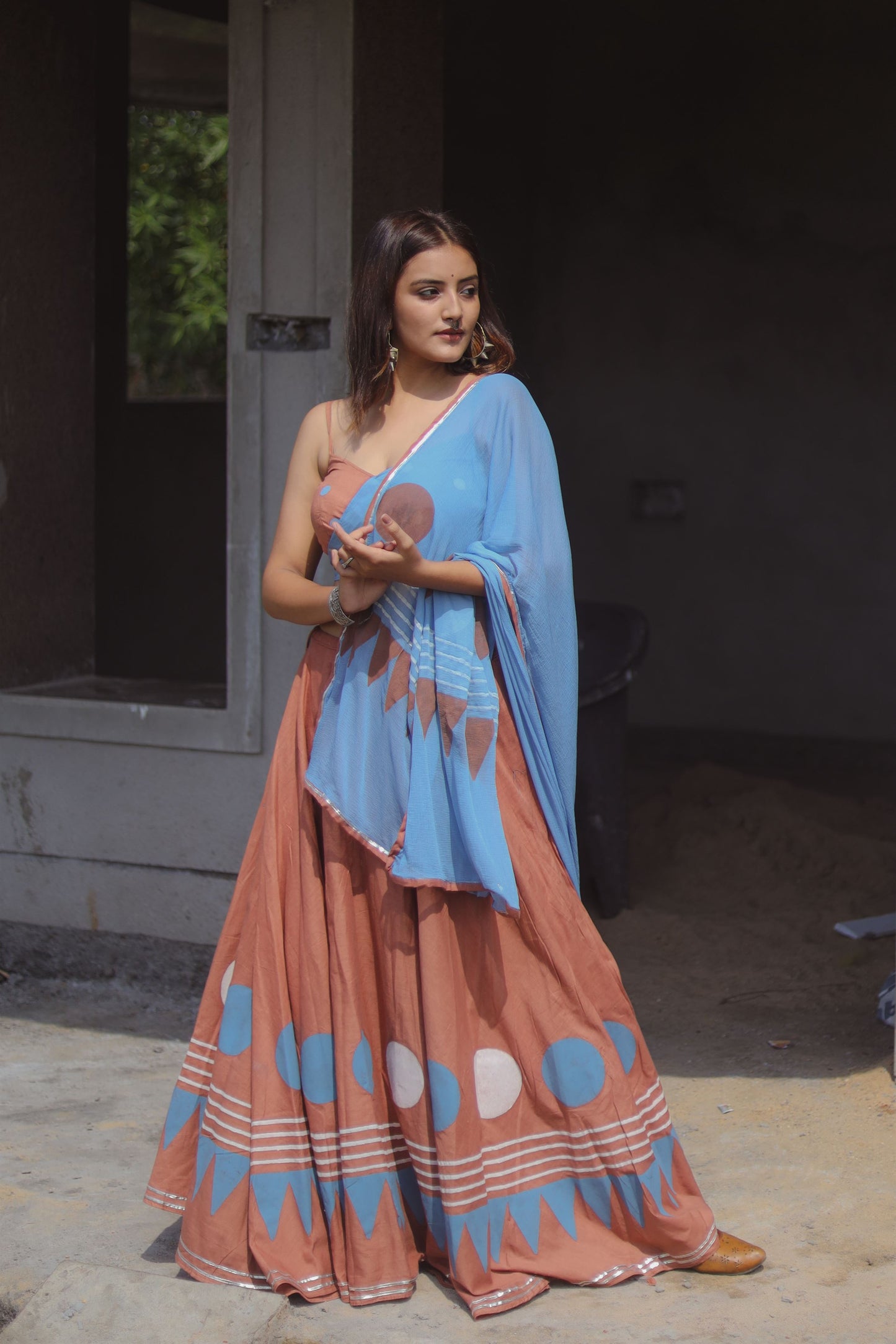 Brown and Blue Hand Block Printed Lehenga Set - Tijoreebynikita