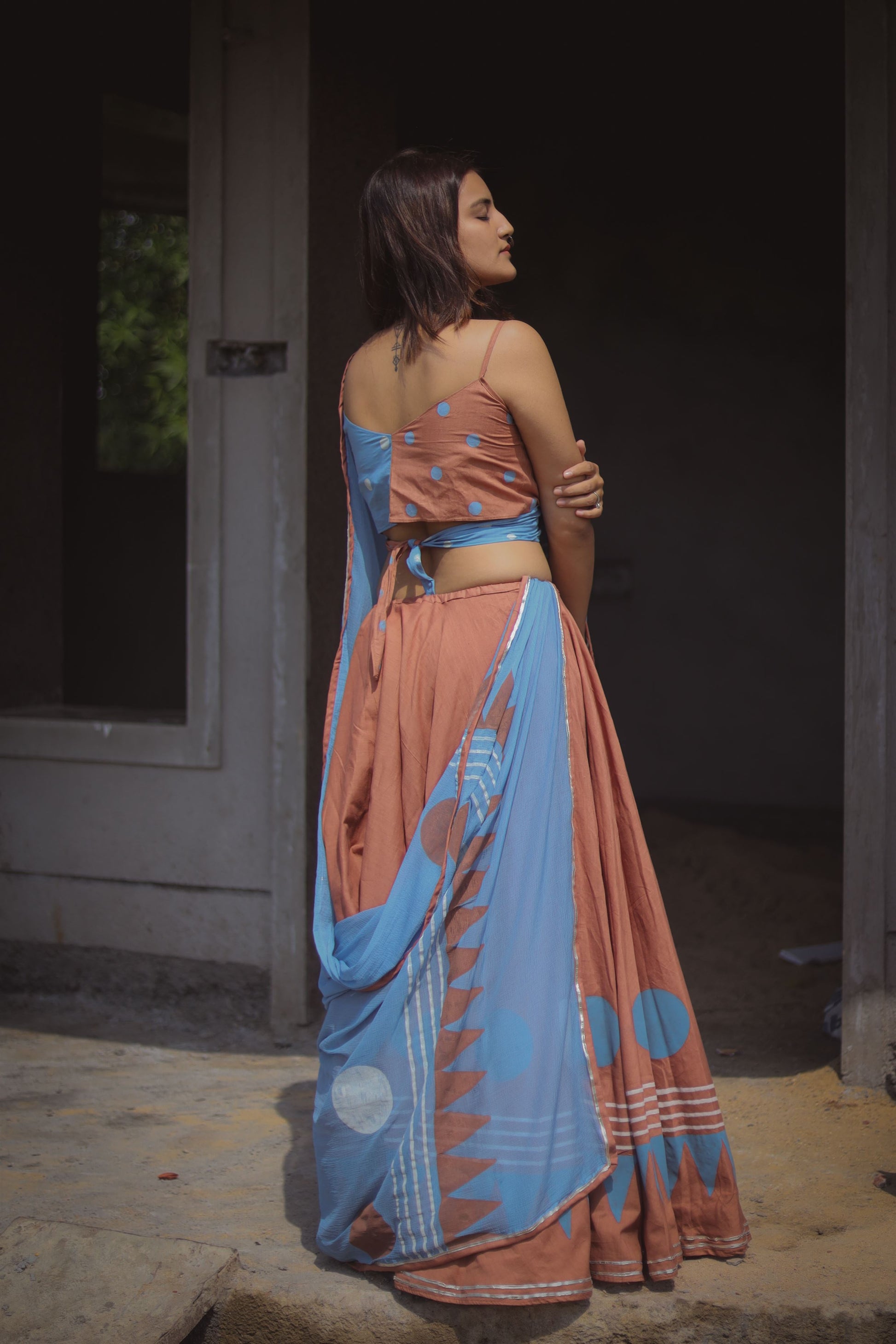 Brown and Blue Hand Block Printed Lehenga Set - Tijoreebynikita