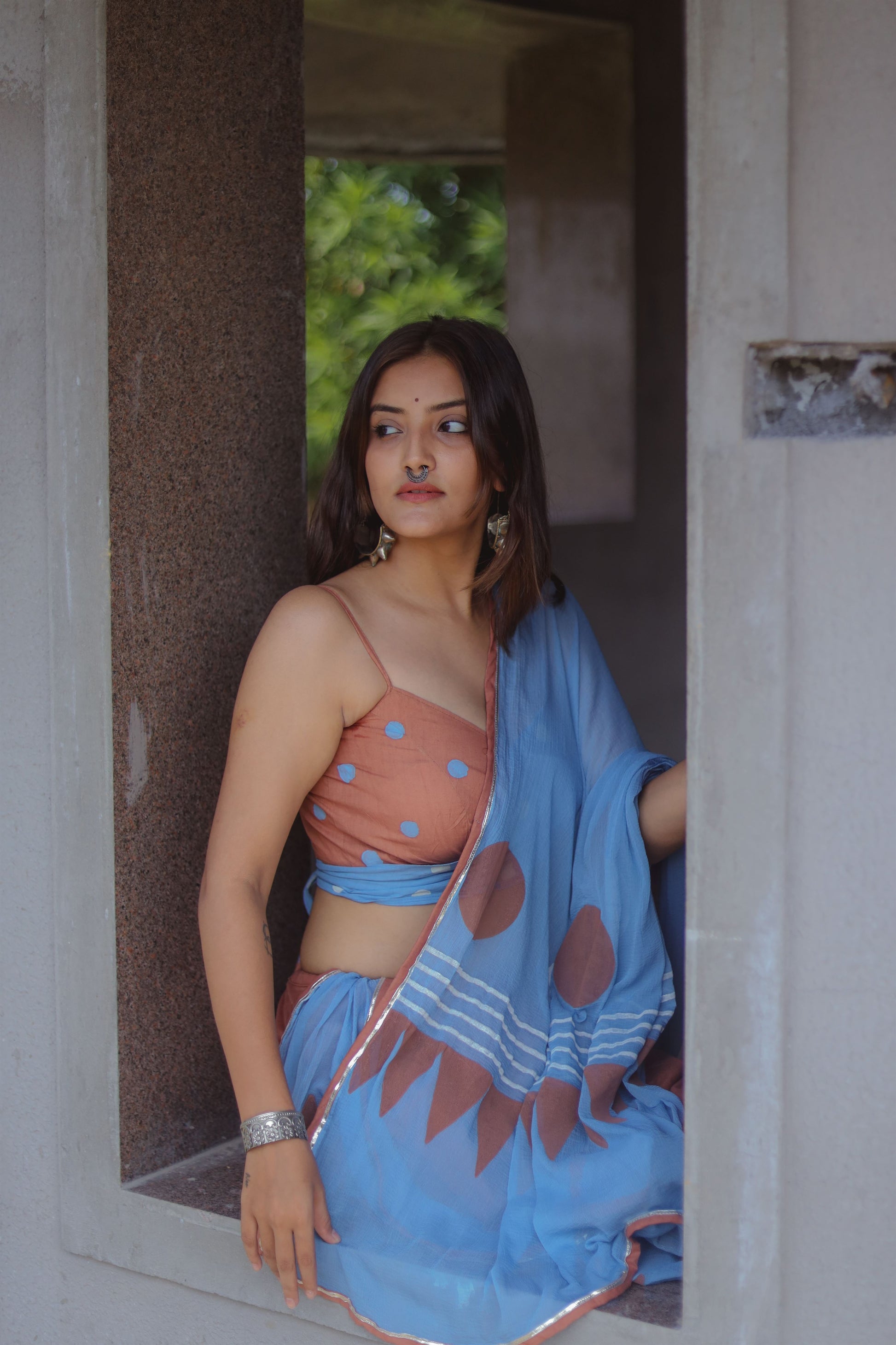 Brown and Blue Hand Block Printed Lehenga Set - Tijoreebynikita