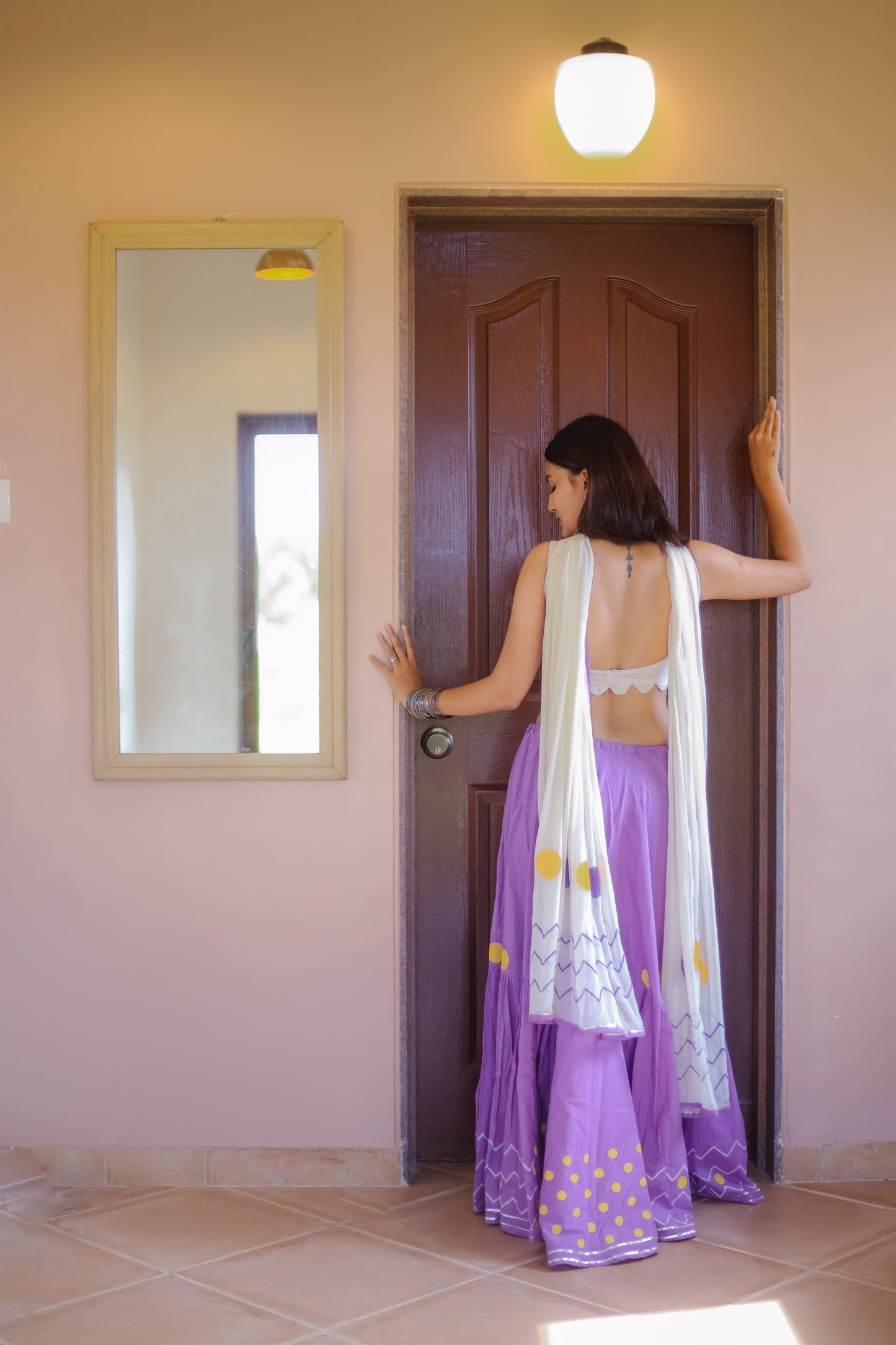 Purple Lilac & Off White Hand Block Printed Lehenga Set - Tijoreebynikita