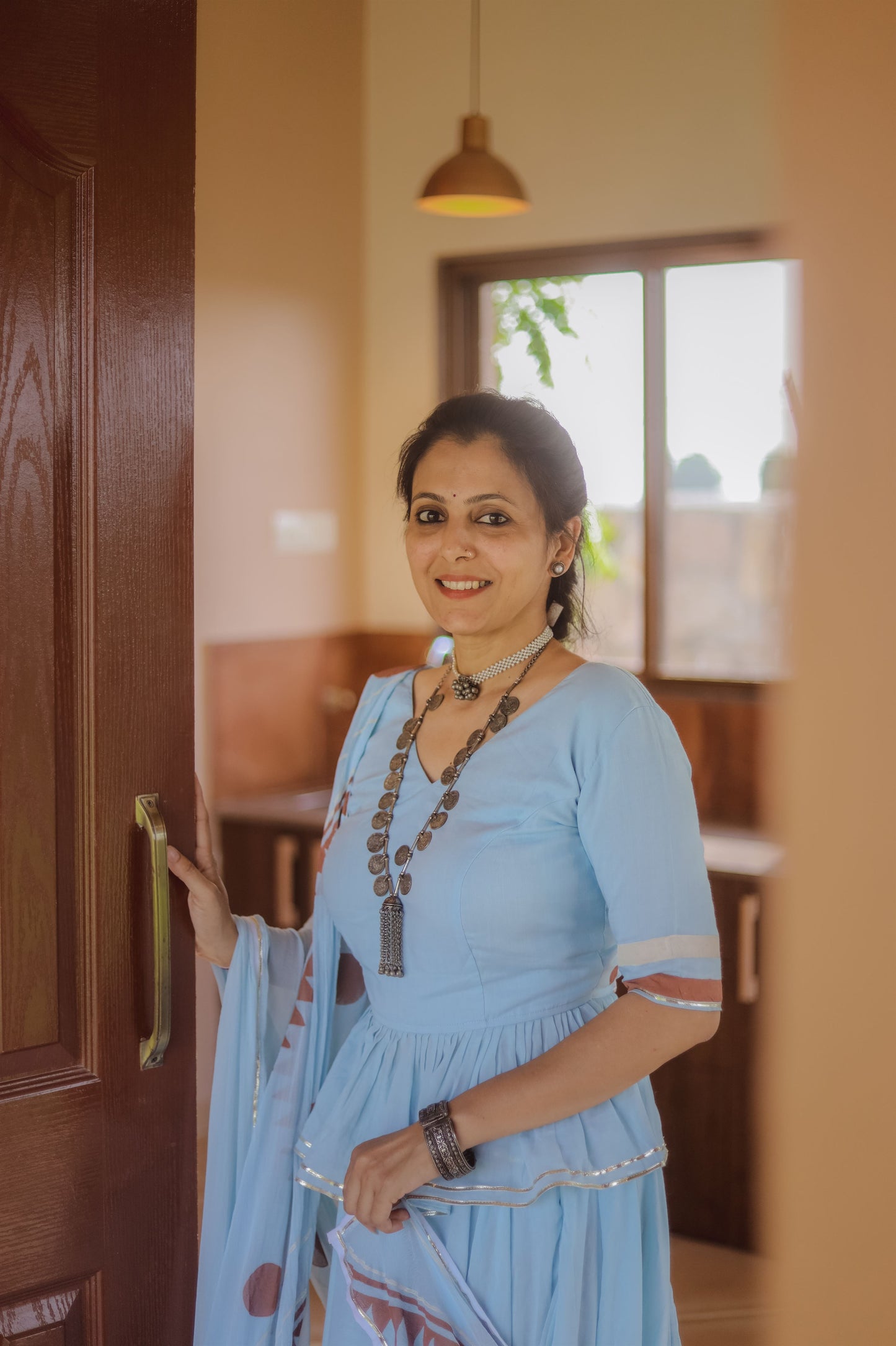 Light Blue Hand Block Printed Lehenga Set - Tijoreebynikita