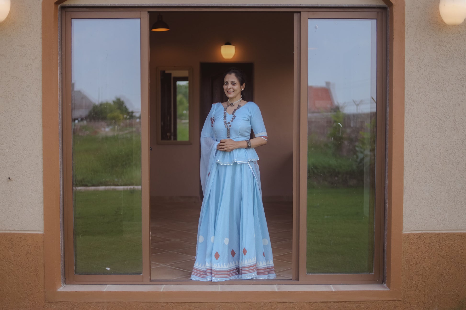 Light Blue Hand Block Printed Lehenga Set - Tijoreebynikita