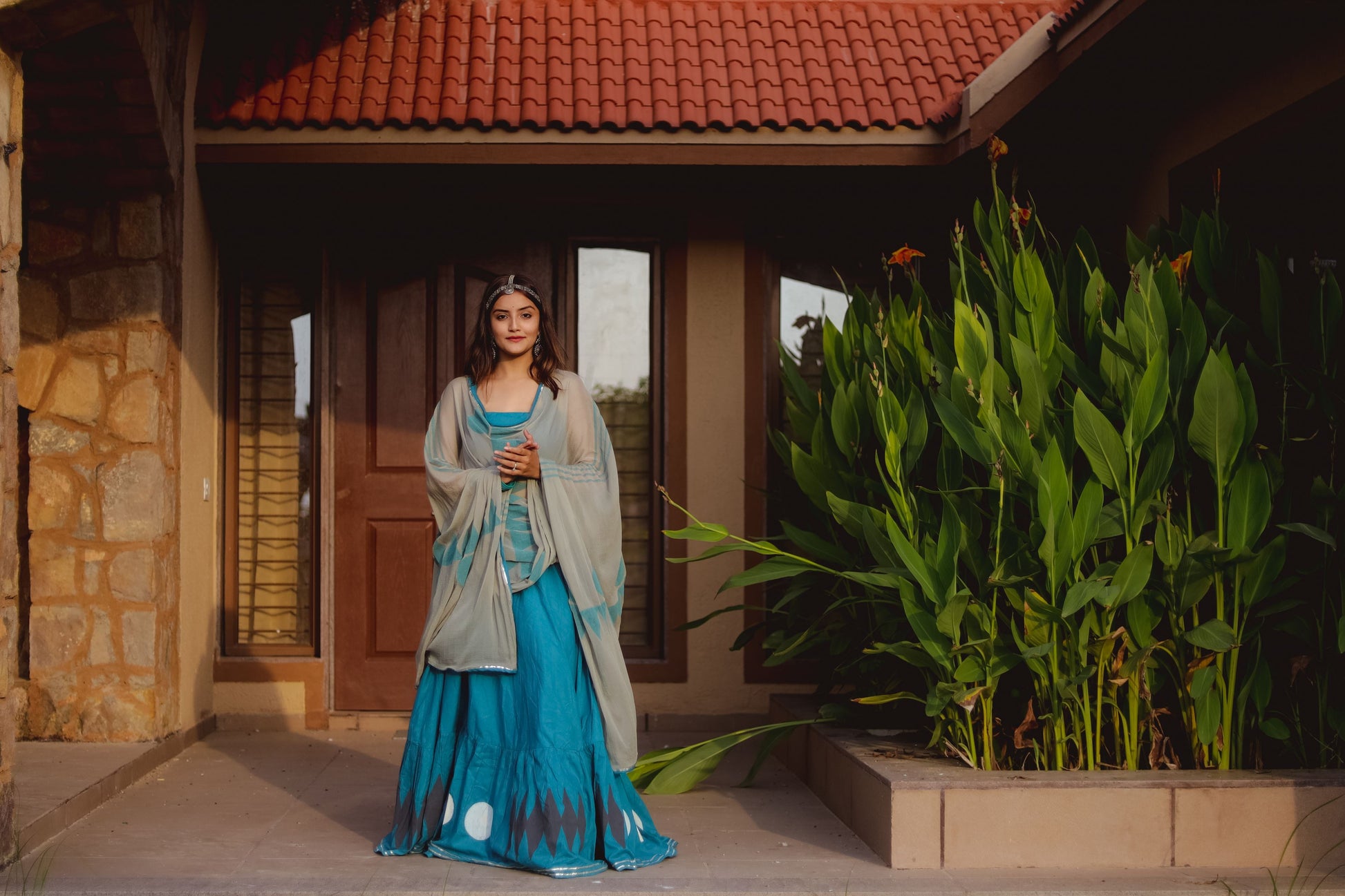 Turquoise Blue & Grey Hand Block Printed Lehenga Set - Tijoreebynikita