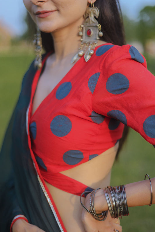 Red and Navy Blue Hand Block Printed Lehenga Set - Tijoreebynikita