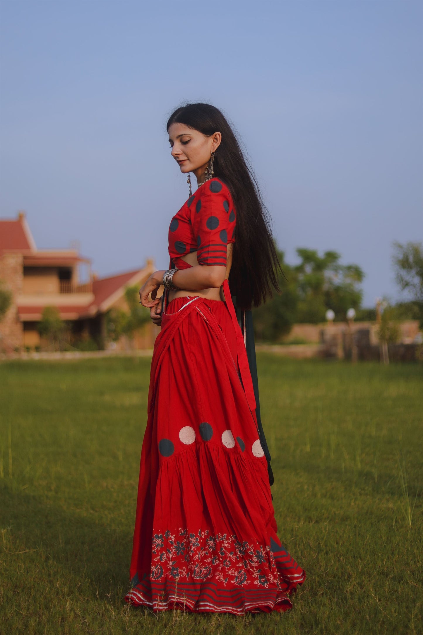 Red and Navy Blue Hand Block Printed Lehenga Set - Tijoreebynikita