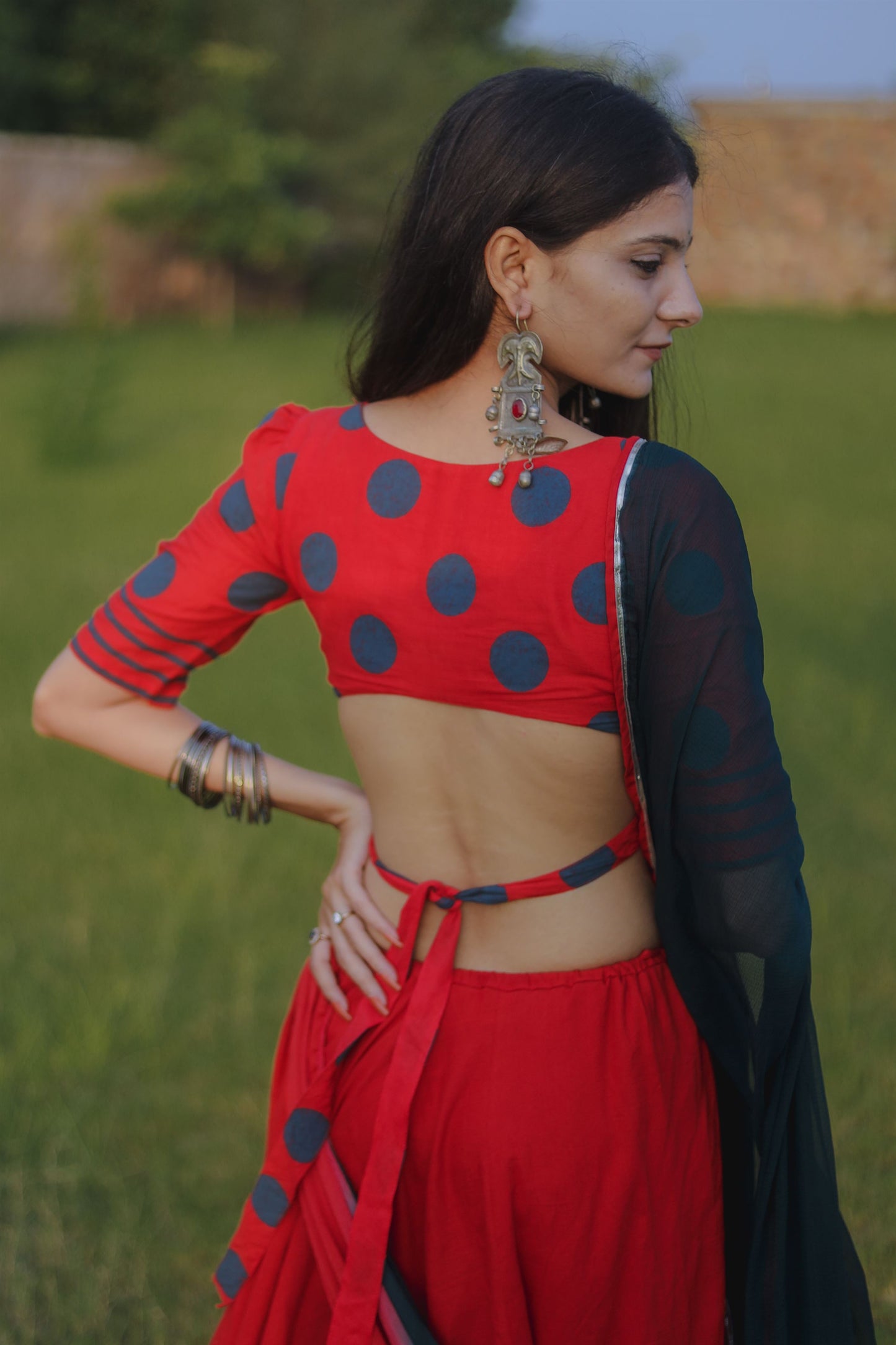 Red and Navy Blue Hand Block Printed Lehenga Set - Tijoreebynikita