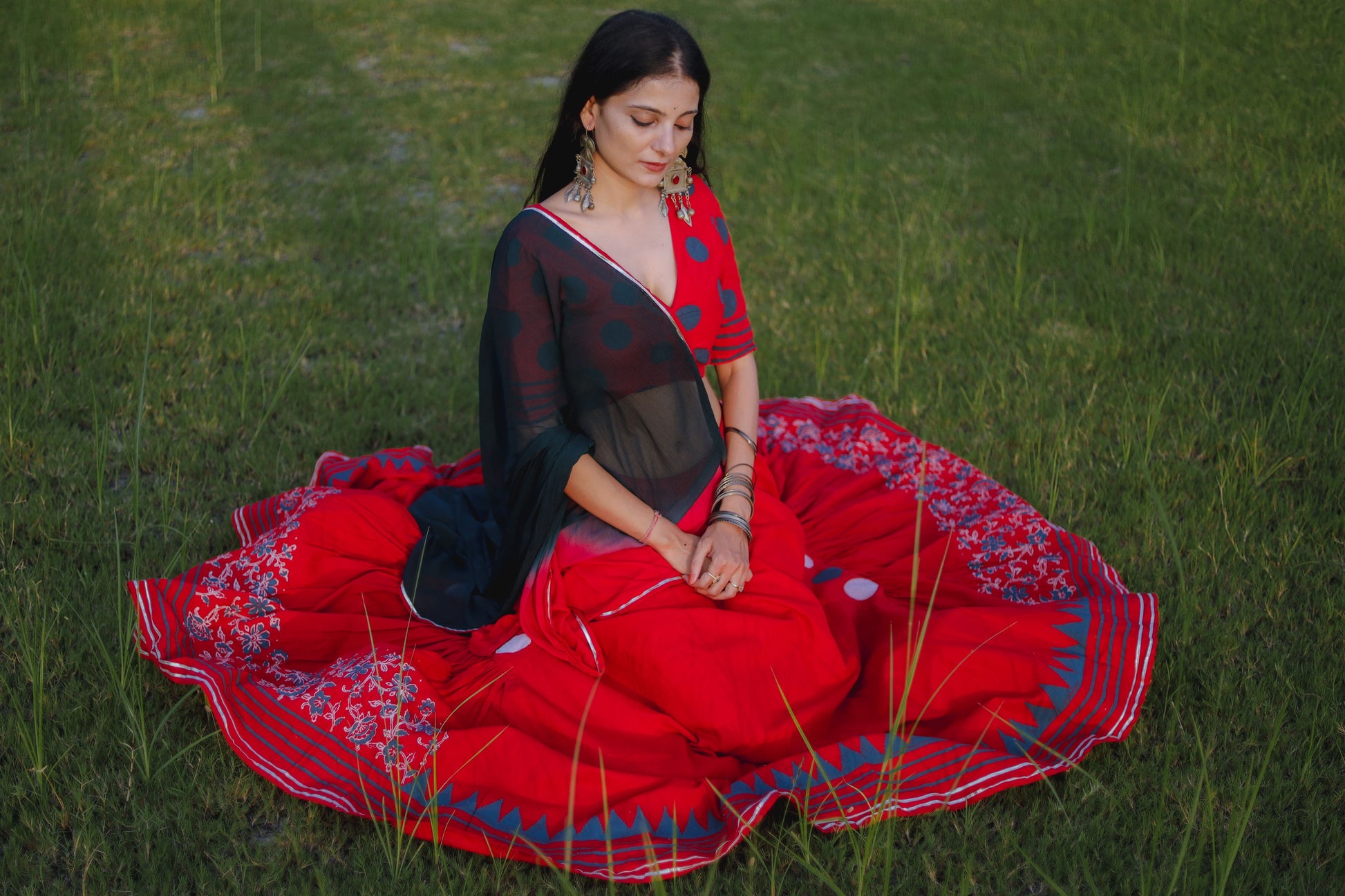 Red and Navy Blue Hand Block Printed Lehenga Set - Tijoreebynikita