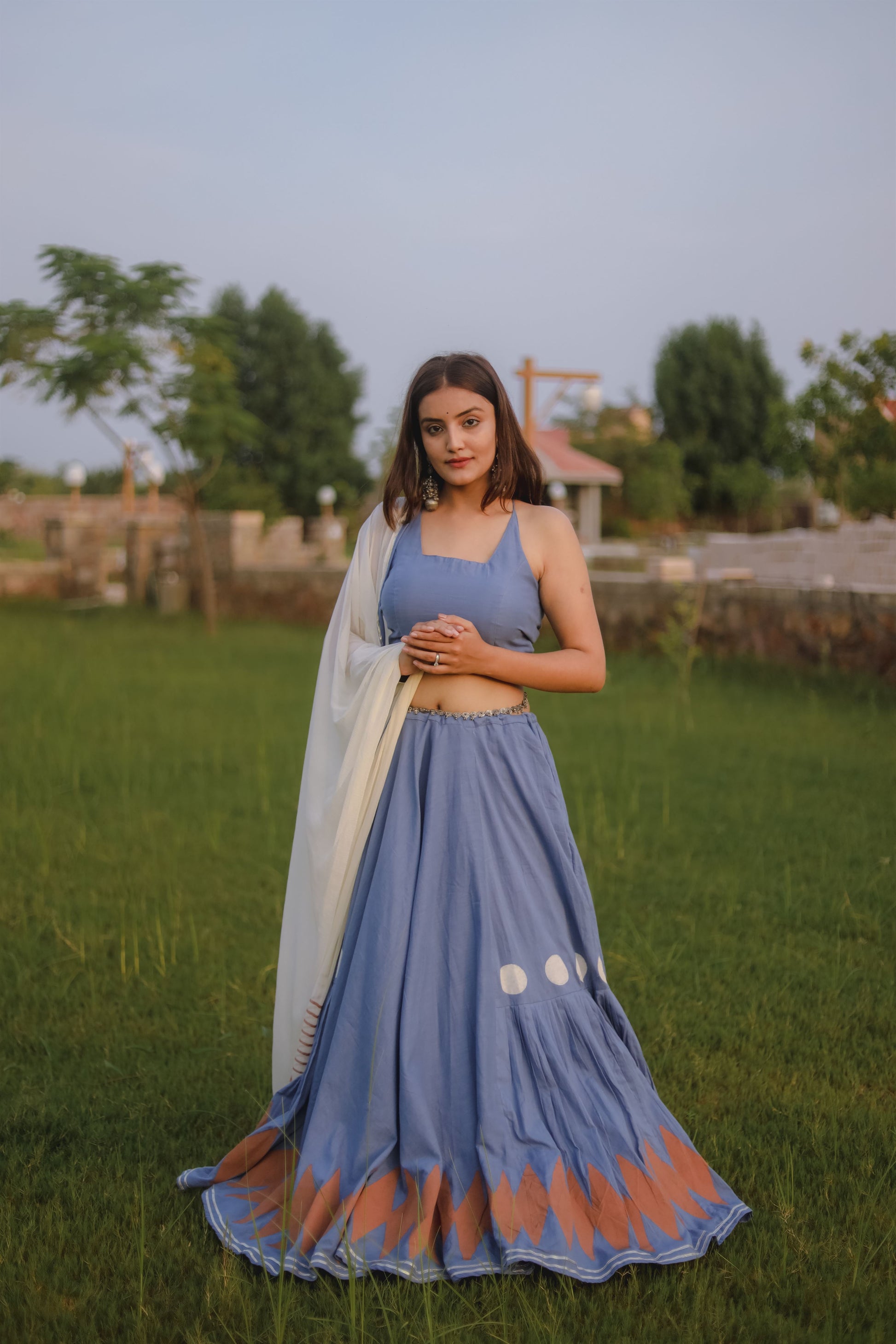 Ice blue & Off White Hand Block Printed Lehenga Set - Tijoreebynikita