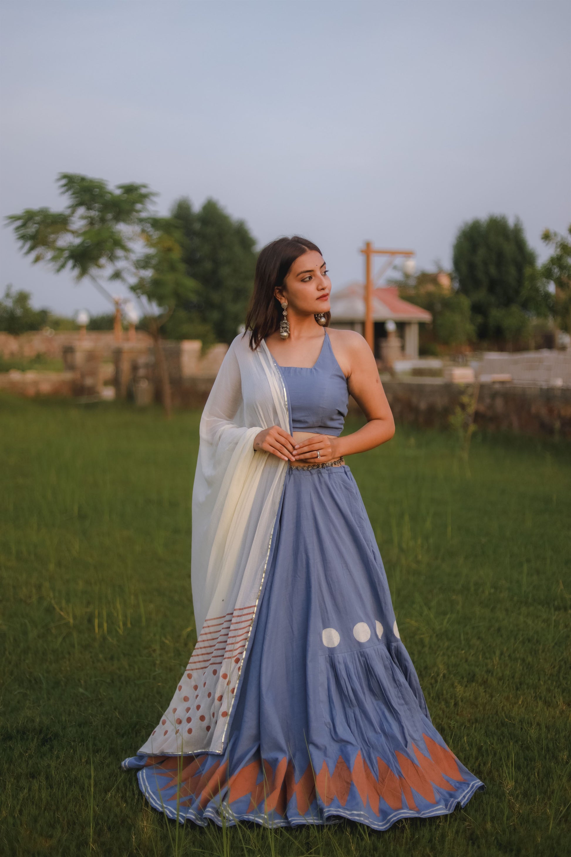 Ice blue & Off White Hand Block Printed Lehenga Set - Tijoreebynikita