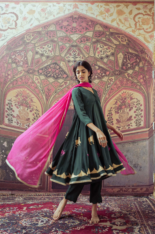 Meadow Green and Maharani Pink Hand Block Printed Anarkali Dress - Tijoreebynikita