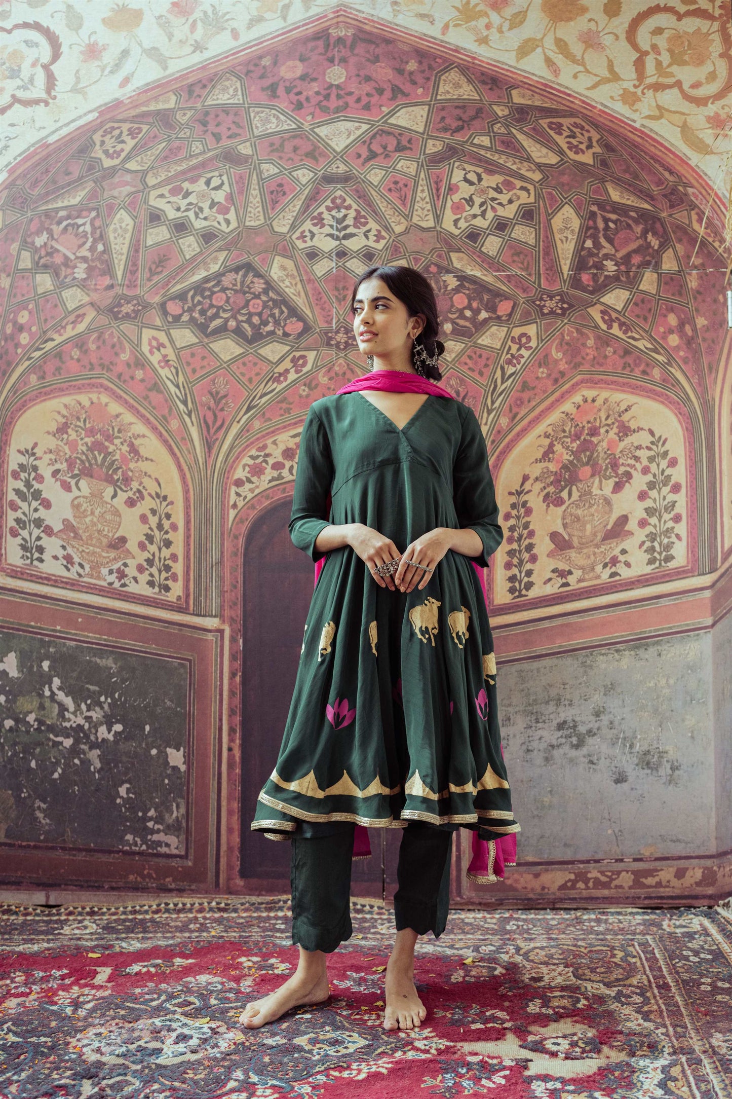 Meadow Green and Maharani Pink Hand Block Printed Anarkali Dress - Tijoreebynikita