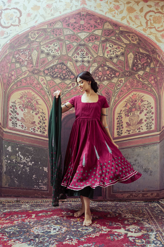 Mariot Rose and Meadow Green Hand Block Printed Anarkali Dress - Tijoreebynikita