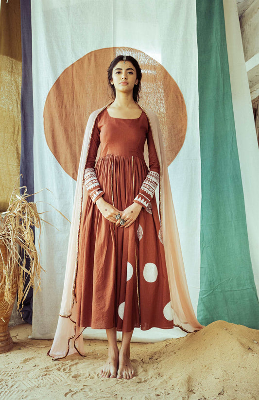 Earthy Brown Hand Block Printed Anarkali Dress - Tijoreebynikita