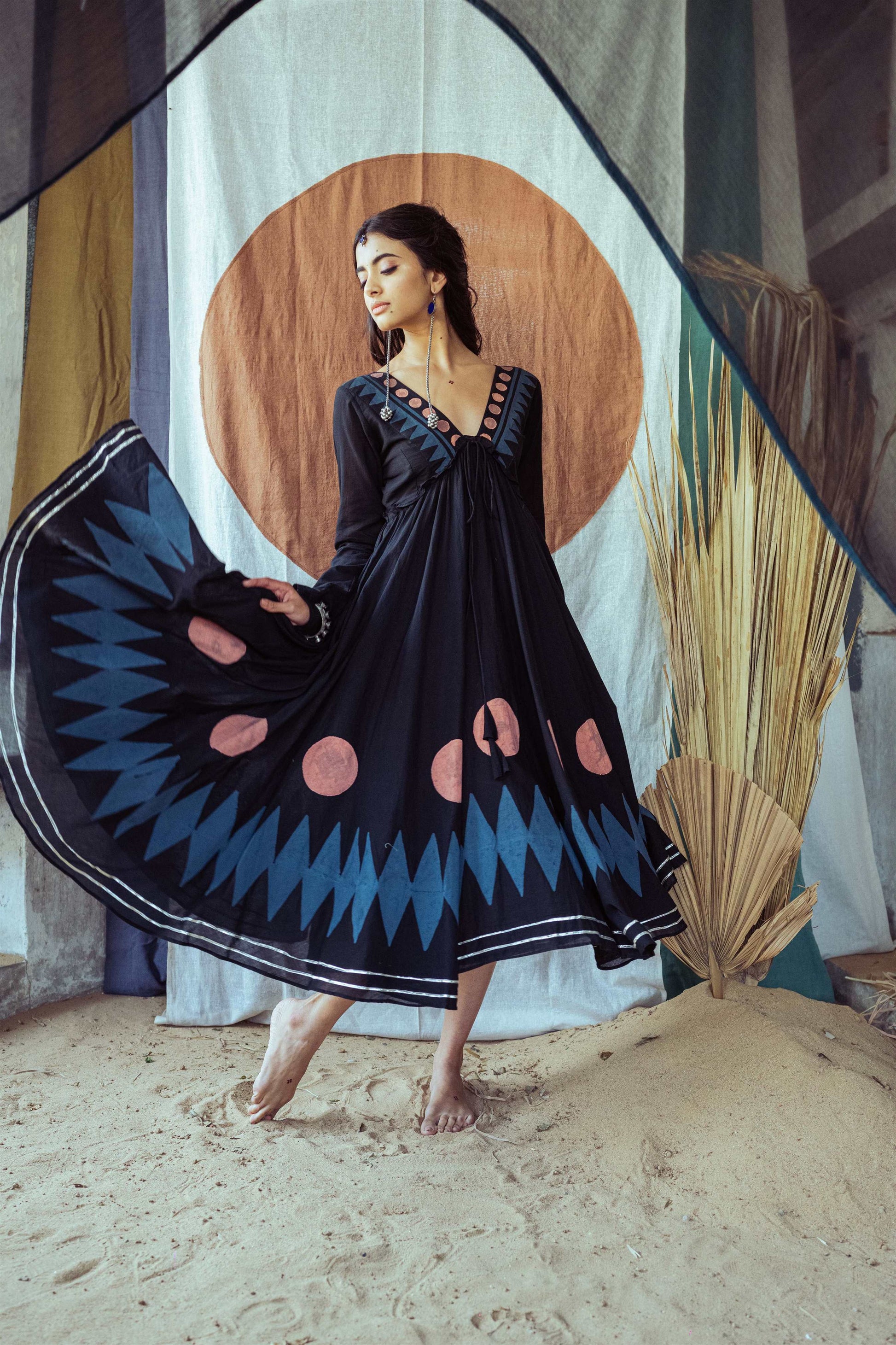 Coal Mine Black Hand Block Printed Anarkali Dress - Tijoreebynikita